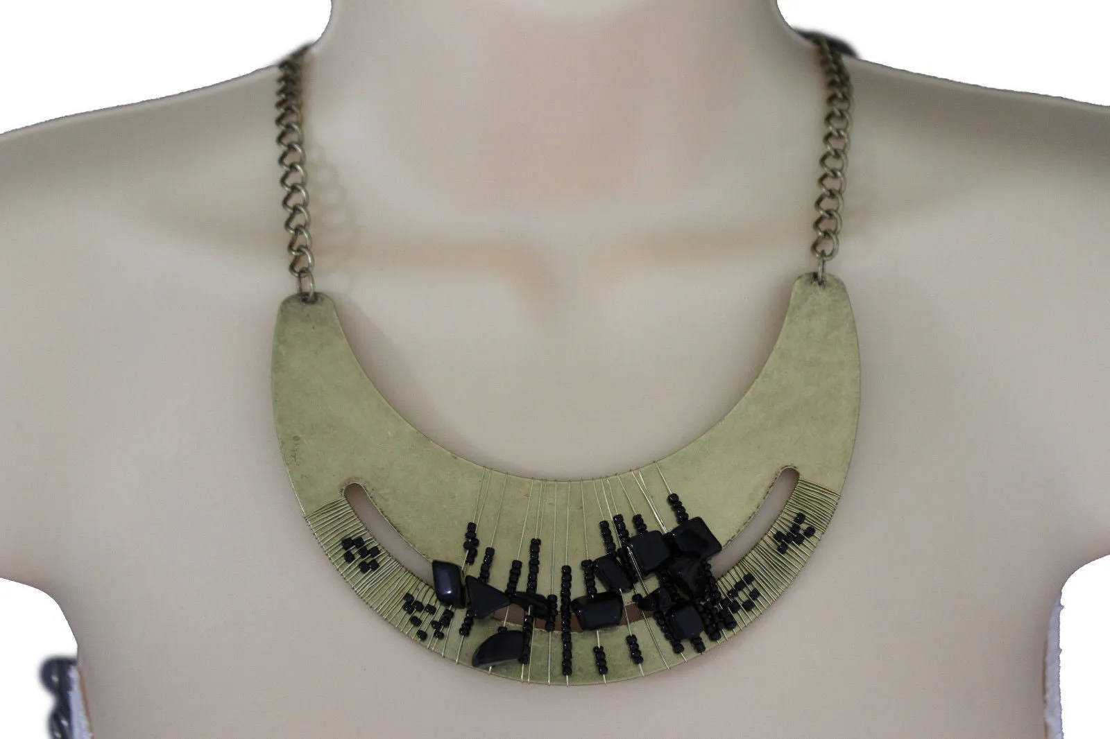 Silver Gold Chain Plate Black Stone Necklace Earrings Set