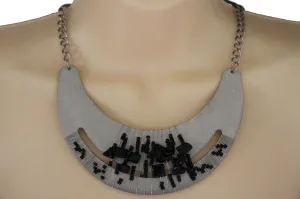 Silver Gold Chain Plate Black Stone Necklace Earrings Set