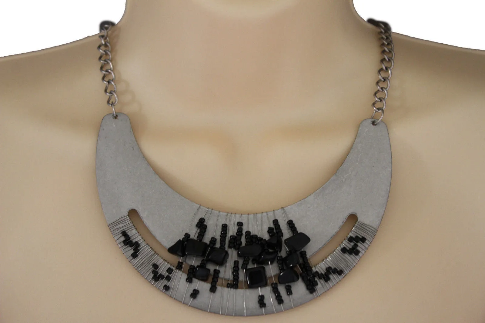 Silver Gold Chain Plate Black Stone Necklace Earrings Set