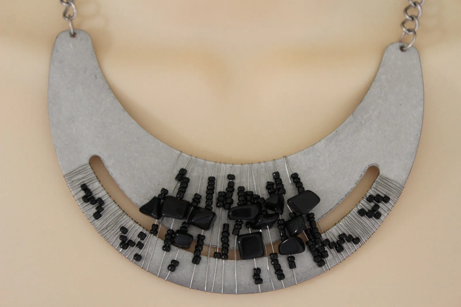 Silver Gold Chain Plate Black Stone Necklace Earrings Set