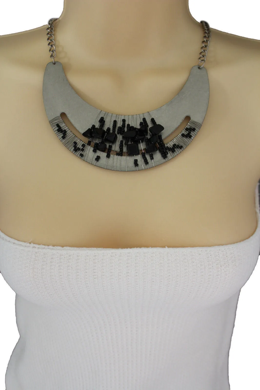 Silver Gold Chain Plate Black Stone Necklace Earrings Set