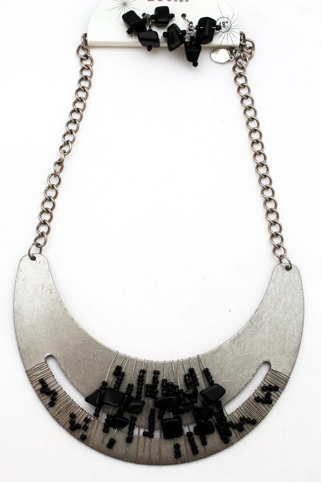 Silver Gold Chain Plate Black Stone Necklace Earrings Set