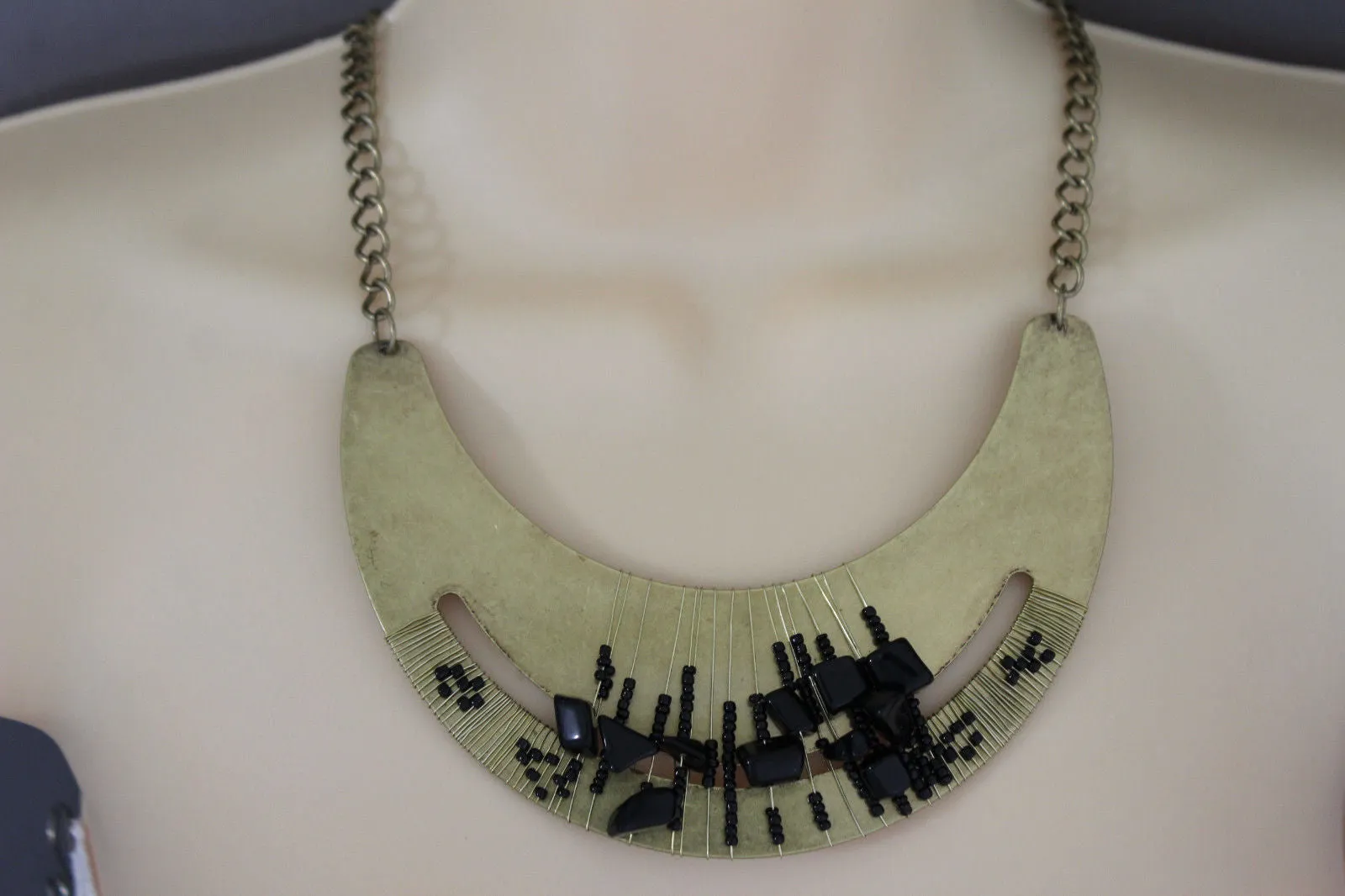 Silver Gold Chain Plate Black Stone Necklace Earrings Set