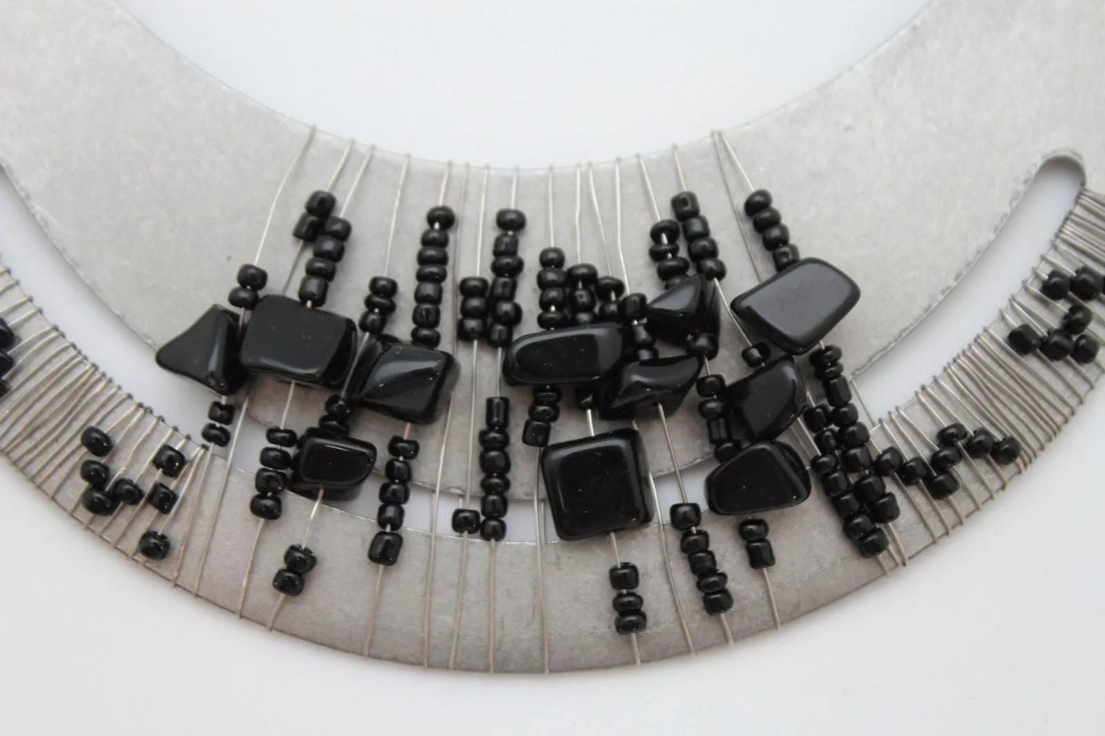 Silver Gold Chain Plate Black Stone Necklace Earrings Set