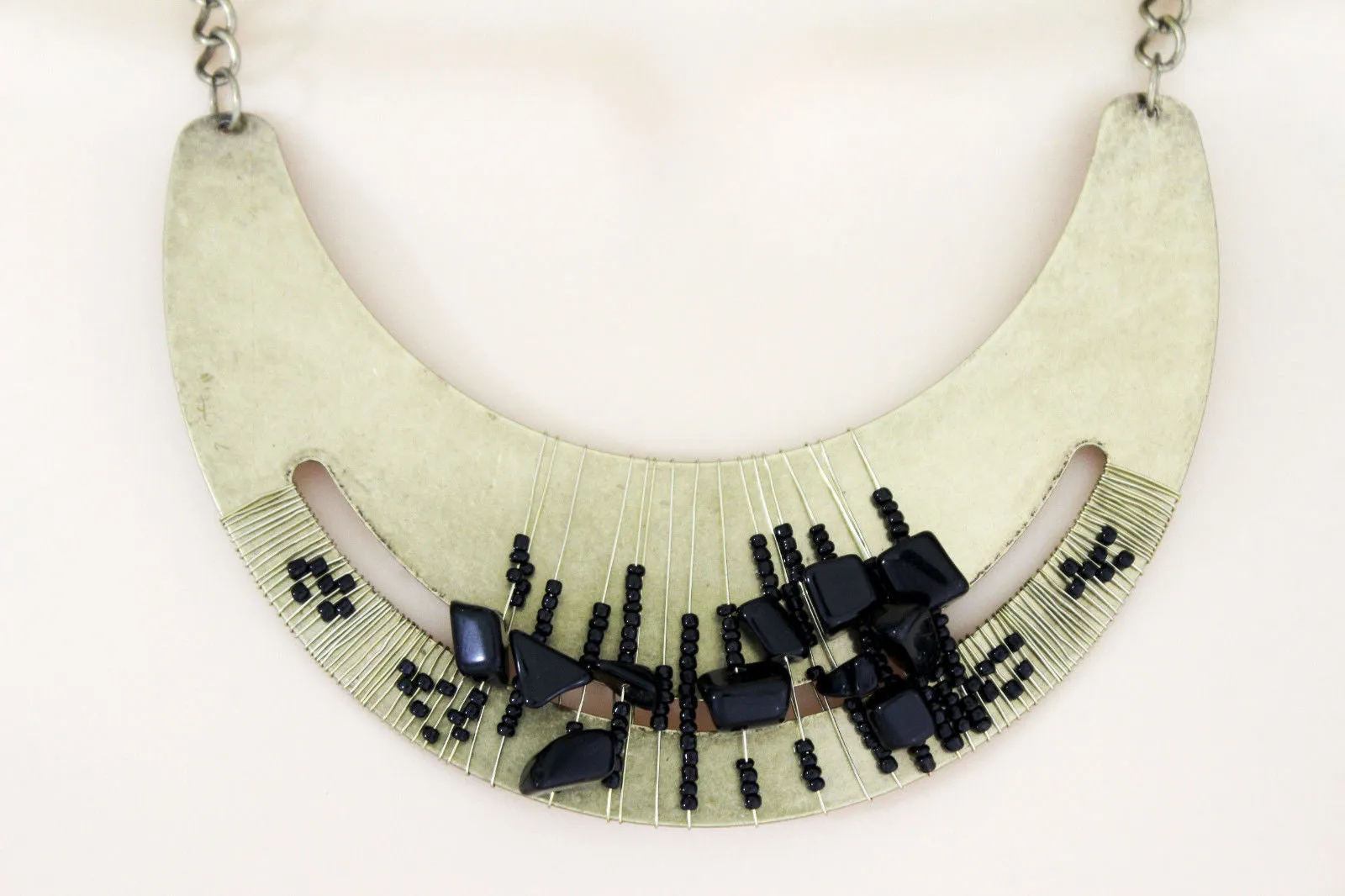 Silver Gold Chain Plate Black Stone Necklace Earrings Set