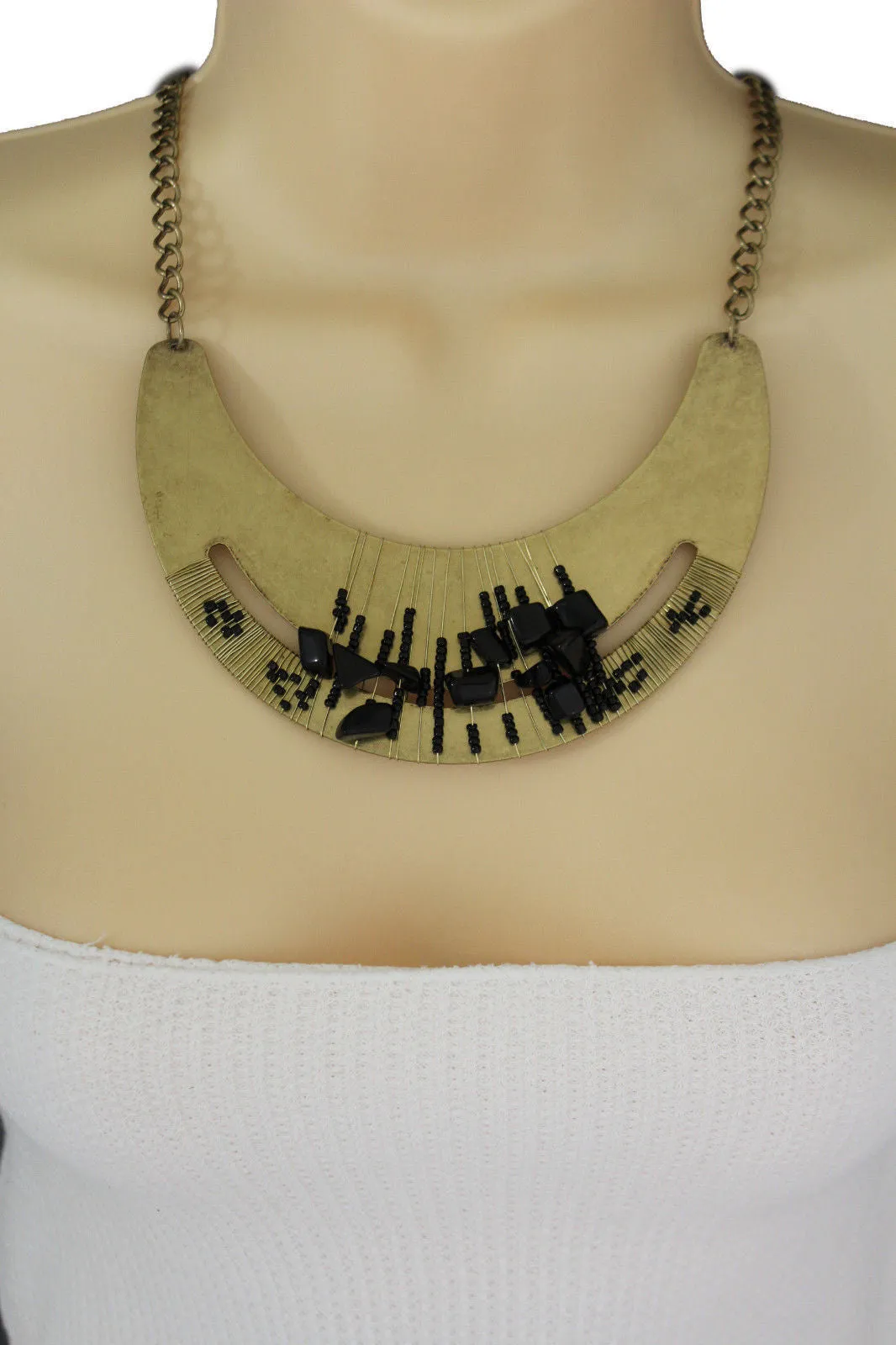 Silver Gold Chain Plate Black Stone Necklace Earrings Set