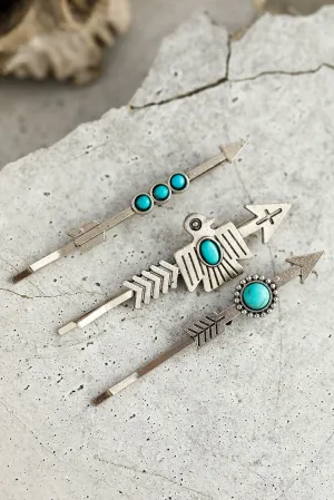 Silvery Retro Turquoise Arrow Western Hair Clips Set