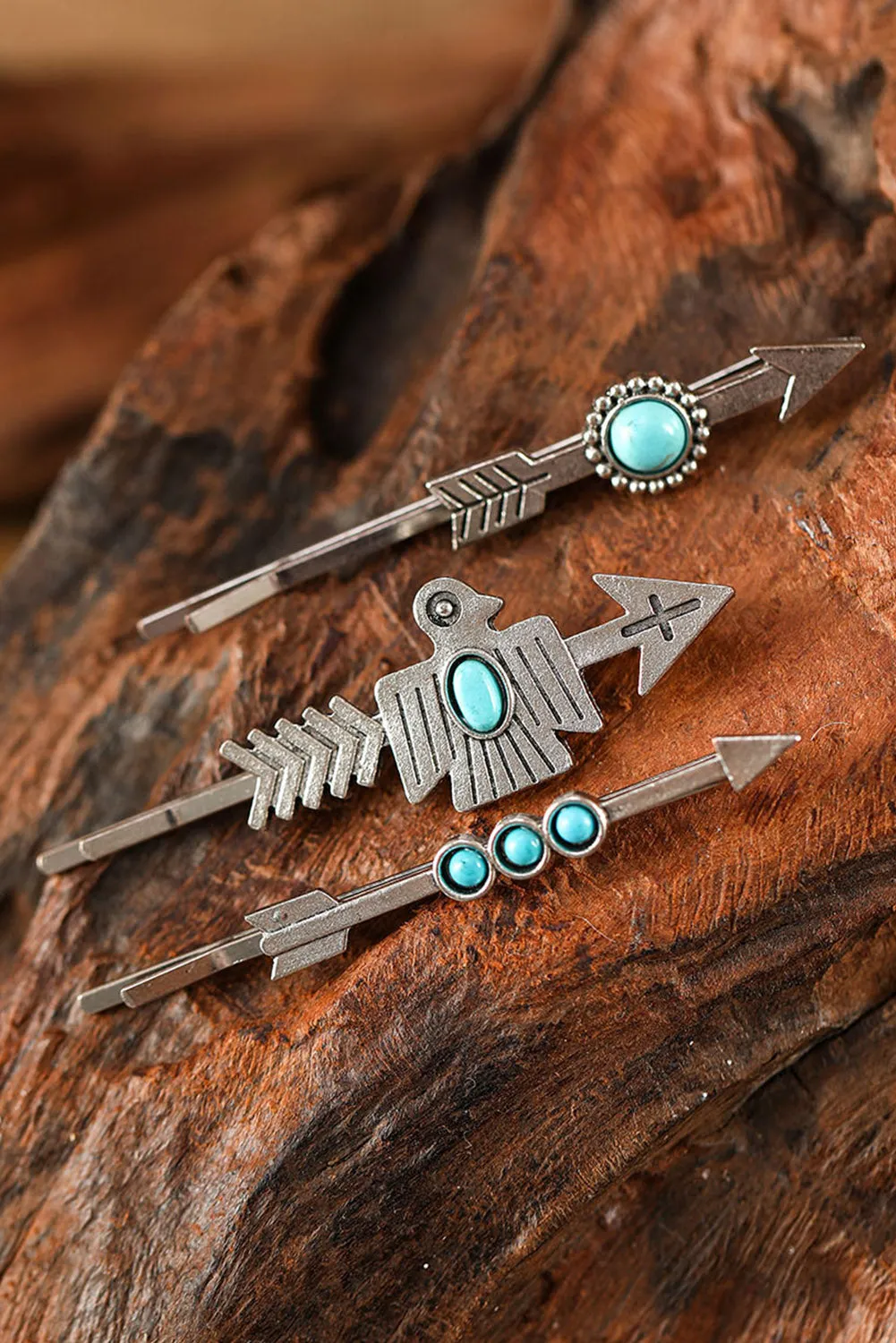 Silvery Retro Turquoise Arrow Western Hair Clips Set