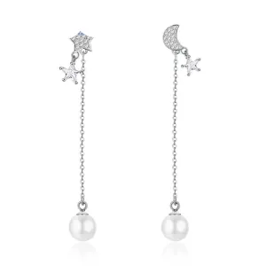 Simulated Pearl Moon And Star Accessories Long Earring Solid 925 Sterling Silver Dangle Earrings For Women
