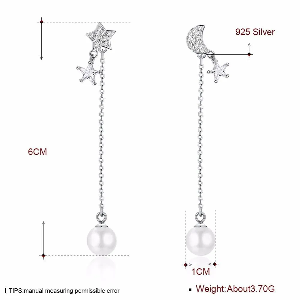 Simulated Pearl Moon And Star Accessories Long Earring Solid 925 Sterling Silver Dangle Earrings For Women