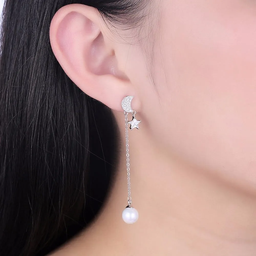 Simulated Pearl Moon And Star Accessories Long Earring Solid 925 Sterling Silver Dangle Earrings For Women