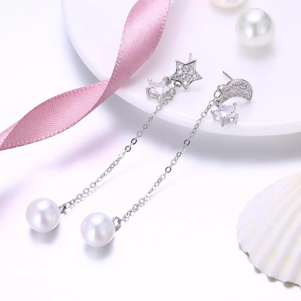 Simulated Pearl Moon And Star Accessories Long Earring Solid 925 Sterling Silver Dangle Earrings For Women