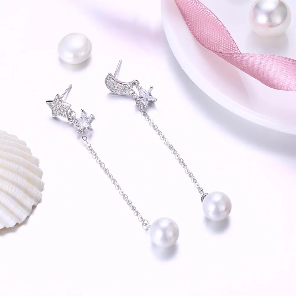 Simulated Pearl Moon And Star Accessories Long Earring Solid 925 Sterling Silver Dangle Earrings For Women