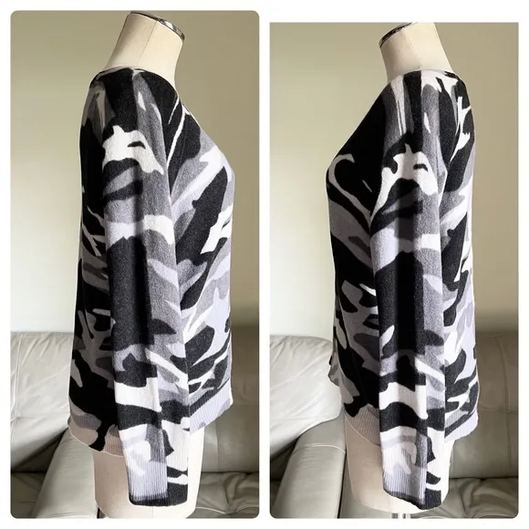 Skull Cashmere Knit Sweater Camo Print MEDIUM Black Gray Crewneck 100% Cashmere