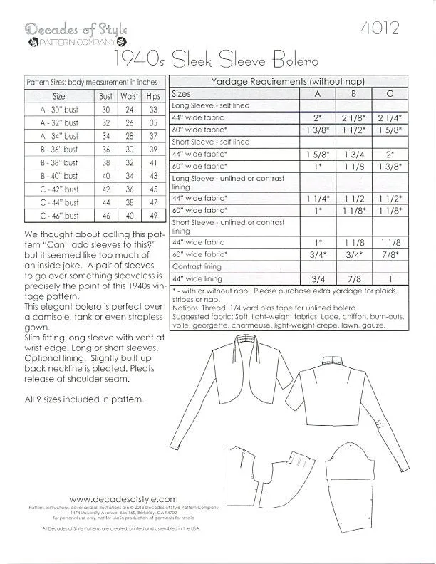 Sleek Sleeve Bolero 1940's Decades of Style Vintage Style Sewing Pattern