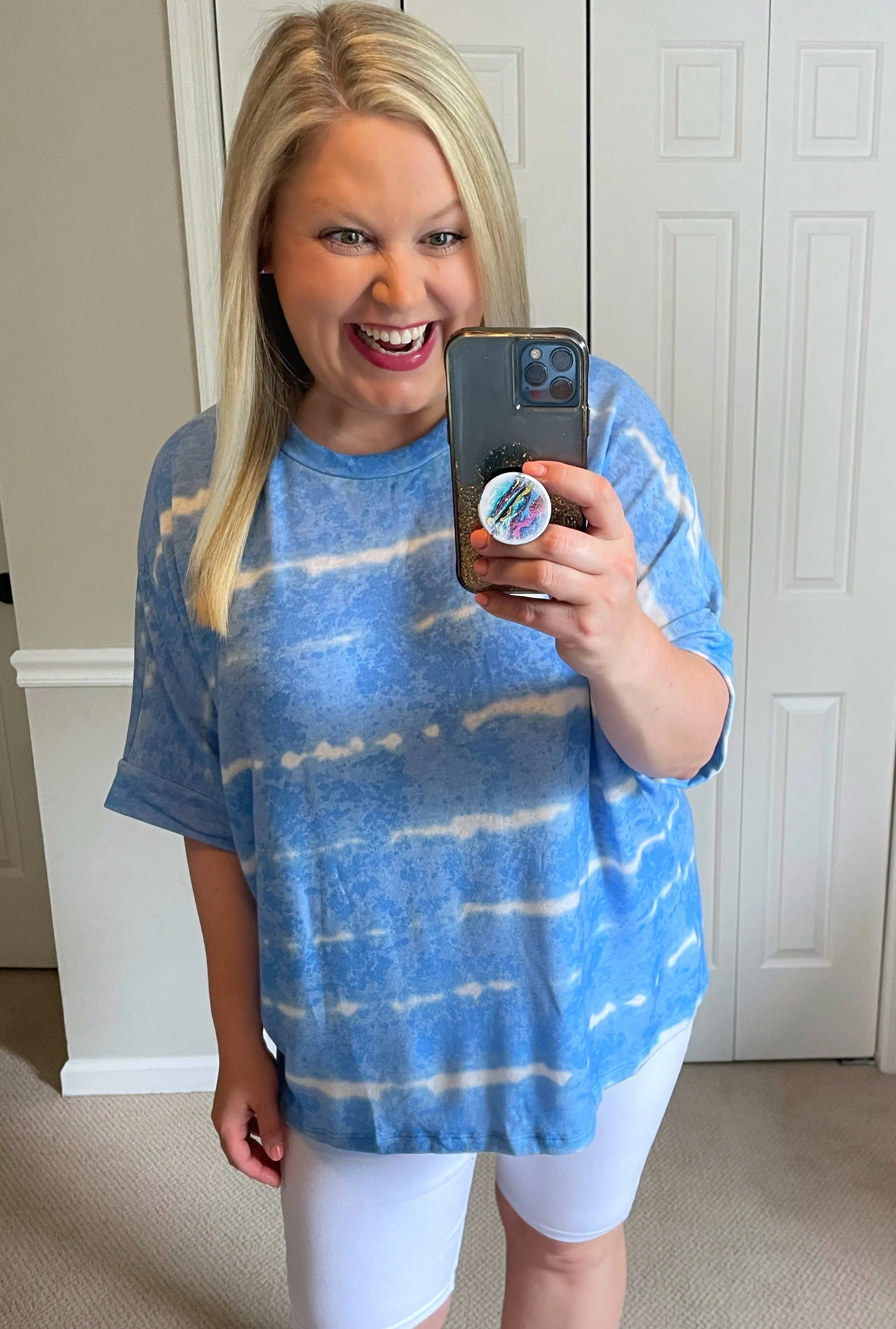 Slouchy Striped Tie-Dye Tee in Sky Blue