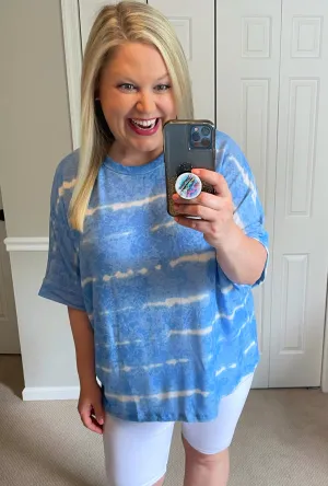 Slouchy Striped Tie-Dye Tee in Sky Blue
