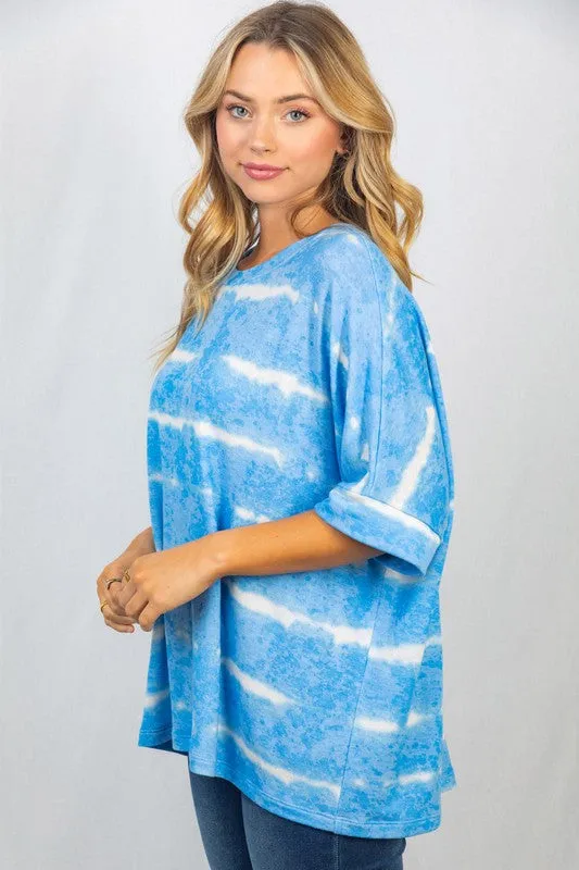 Slouchy Striped Tie-Dye Tee in Sky Blue