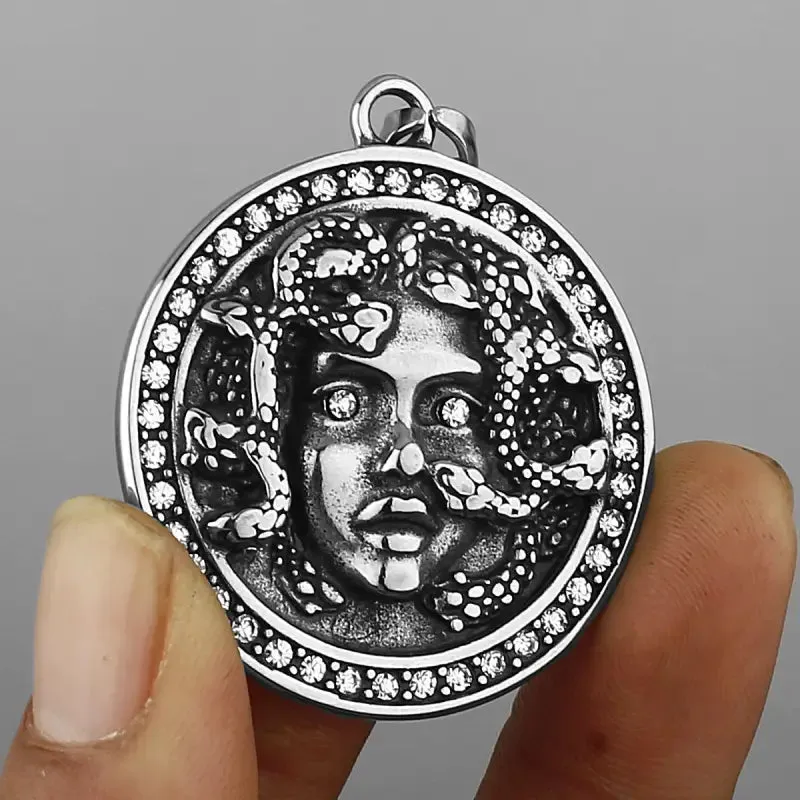 Snake Medusa Diamond Pendant with Hang Tag Shape & Retro Elements