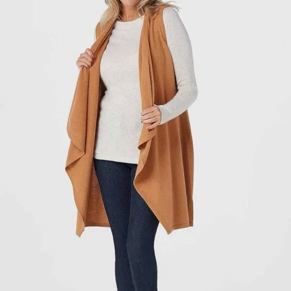 Soft by NAADAM 100% Cashmere Cascade Front Long Vest Sweater Camel Tan M
