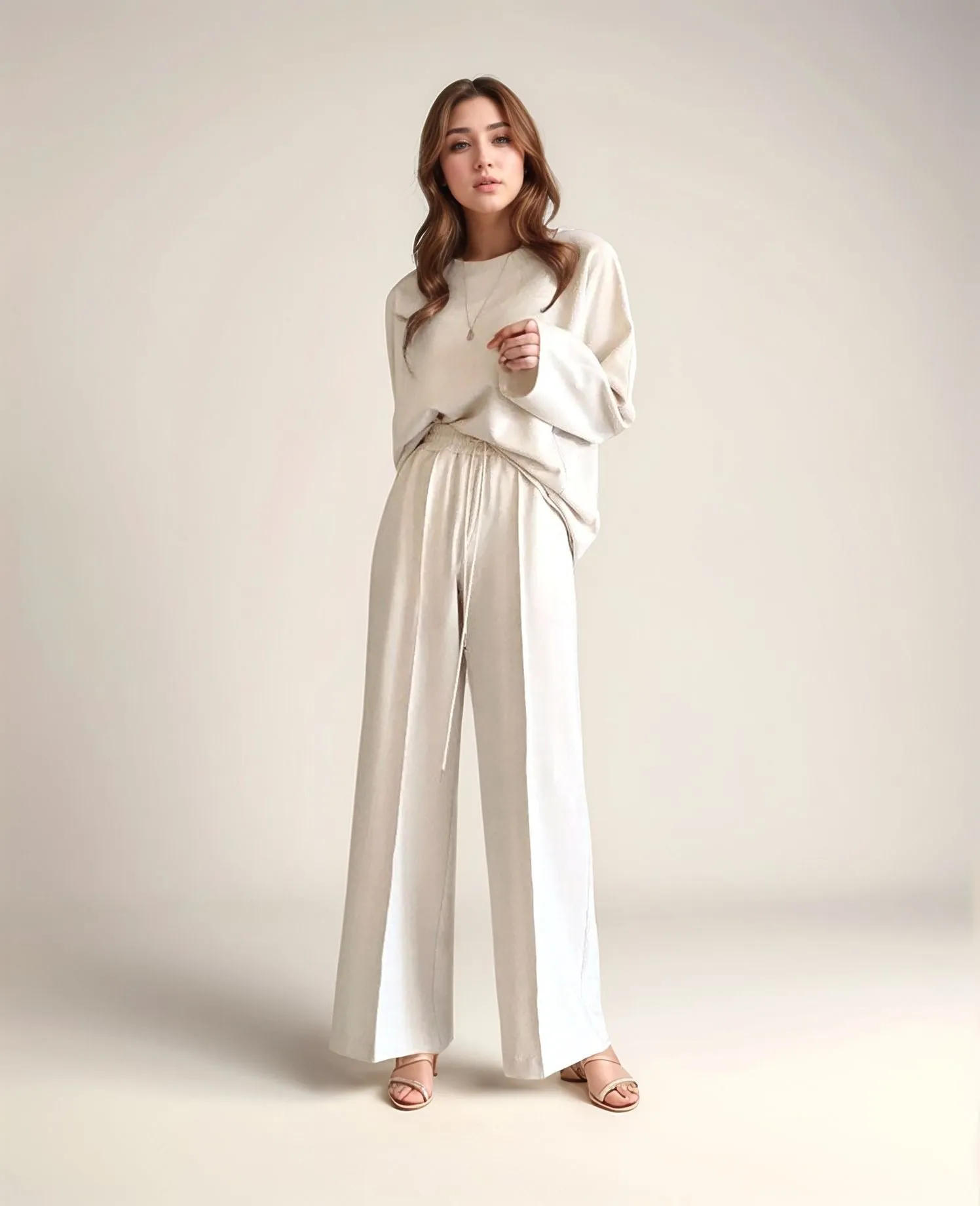 Solid Beige Relaxed Top And Pant Co-Ord Set