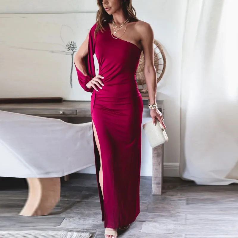 Solid One Shoulder Long Sleeve High Slit Maxi Dress