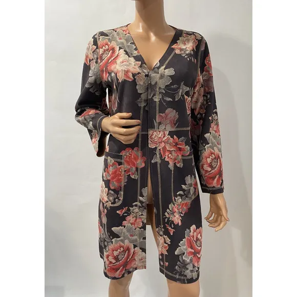Solitaire Open Light Jacket /Cardigan size medium grey/floral long sleeves