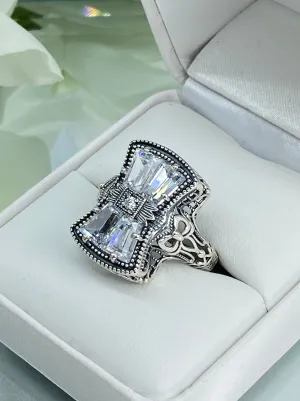 Sparkling White CZ Ring, Size 7, Versailles Sterling Silver Bow, Baguette CZ & Moissanite inset Ring, Baroque Jewelry D595 - Ready to Ship