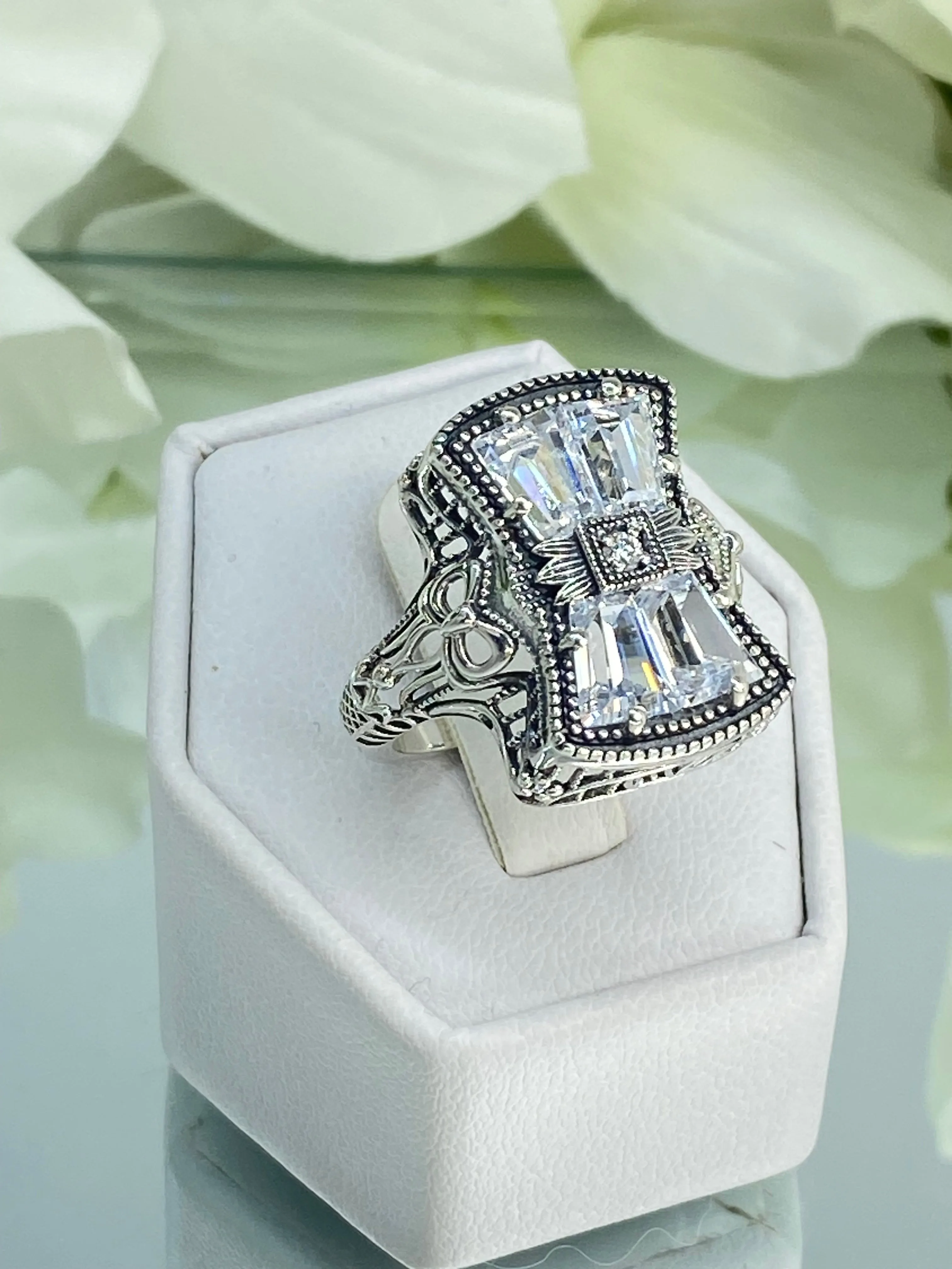 Sparkling White CZ Ring, Size 8, Versailles Sterling Silver Bow, Baguette CZ & Moissanite inset Ring, Baroque Jewelry D595 - Ready to Ship