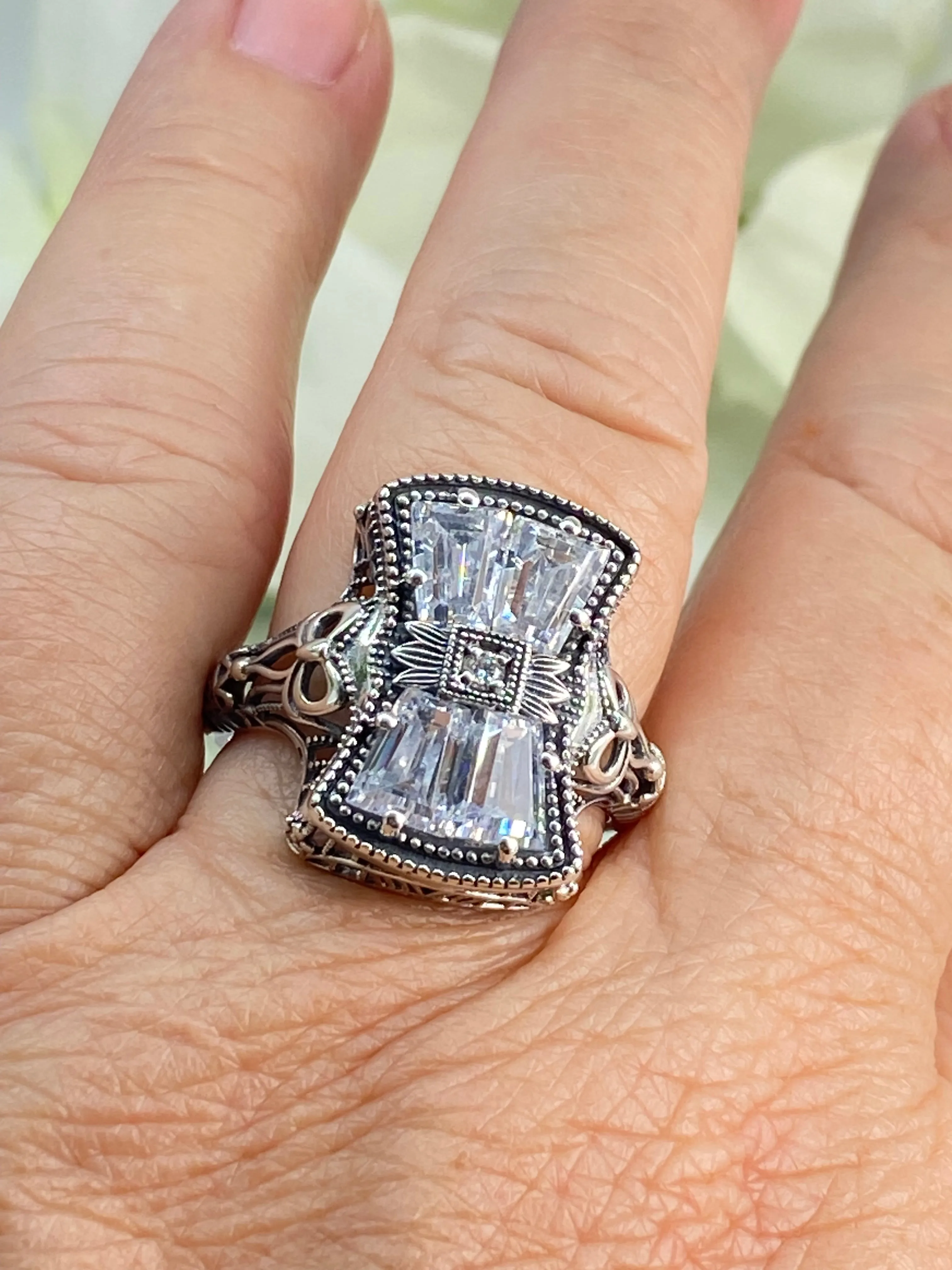 Sparkling White CZ Ring, Size 8, Versailles Sterling Silver Bow, Baguette CZ & Moissanite inset Ring, Baroque Jewelry D595 - Ready to Ship