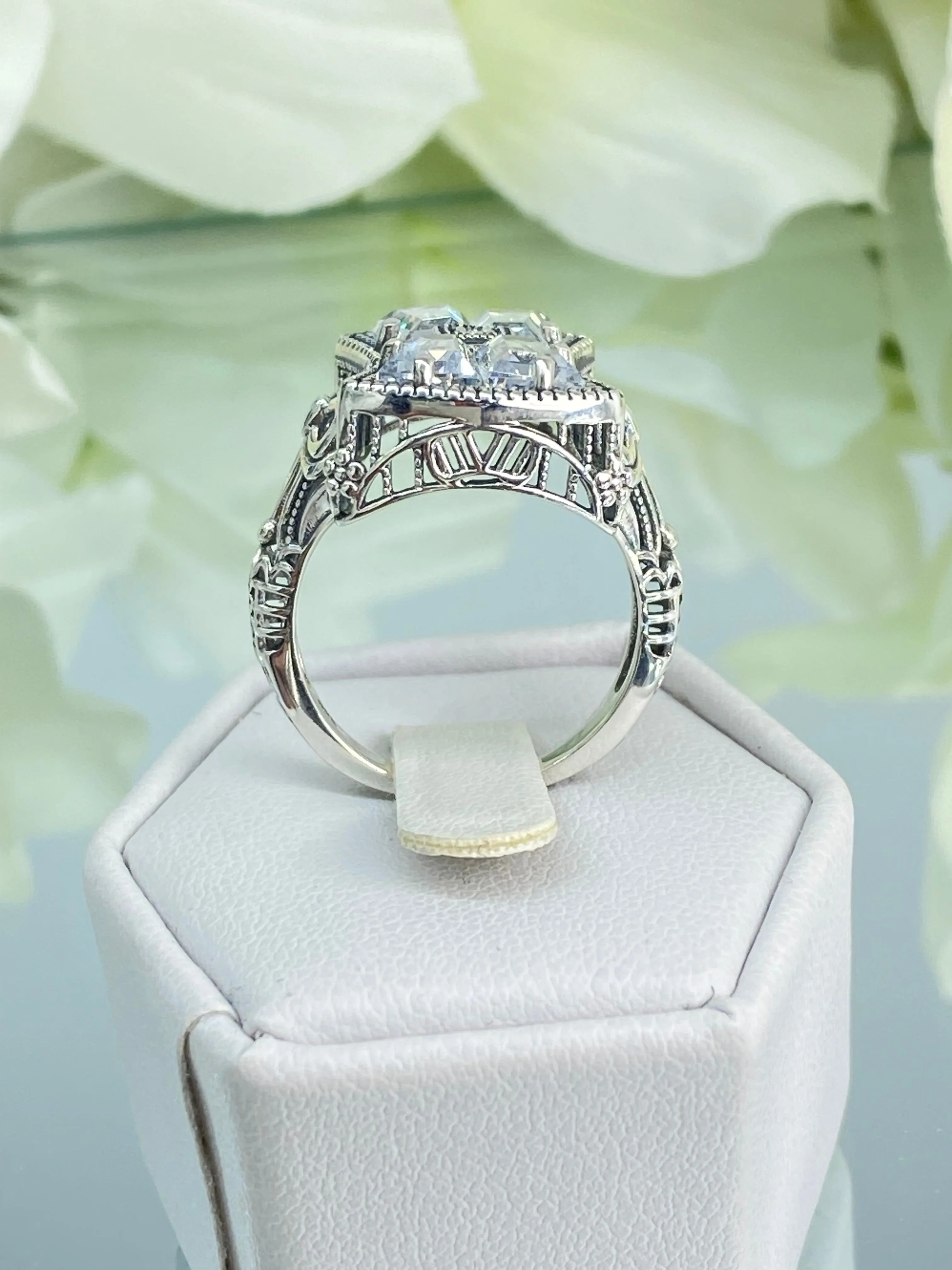 Sparkling White CZ Ring, Size 8, Versailles Sterling Silver Bow, Baguette CZ & Moissanite inset Ring, Baroque Jewelry D595 - Ready to Ship