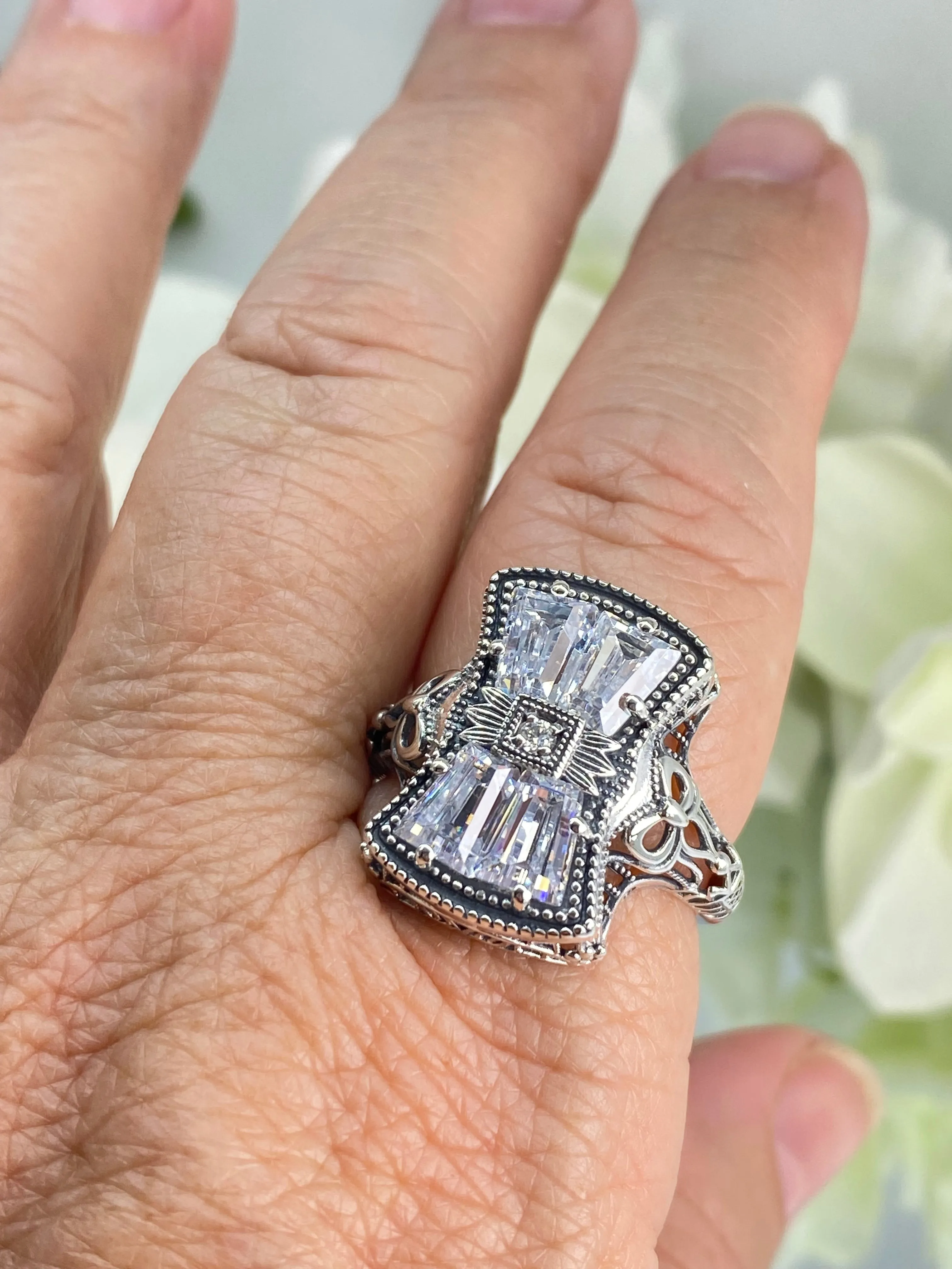 Sparkling White CZ Ring, Size 8, Versailles Sterling Silver Bow, Baguette CZ & Moissanite inset Ring, Baroque Jewelry D595 - Ready to Ship