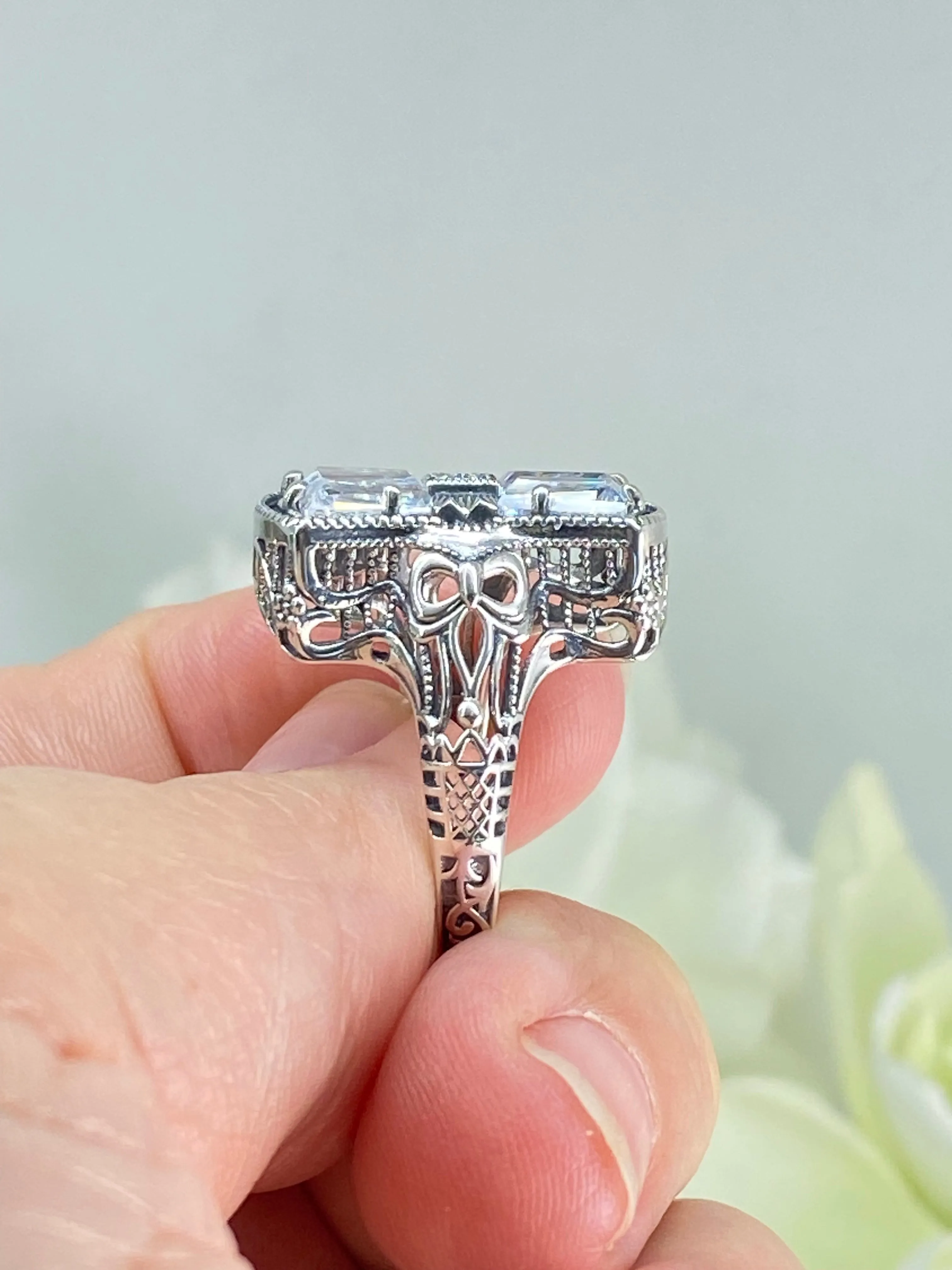 Sparkling White CZ Ring, Size 8, Versailles Sterling Silver Bow, Baguette CZ & Moissanite inset Ring, Baroque Jewelry D595 - Ready to Ship