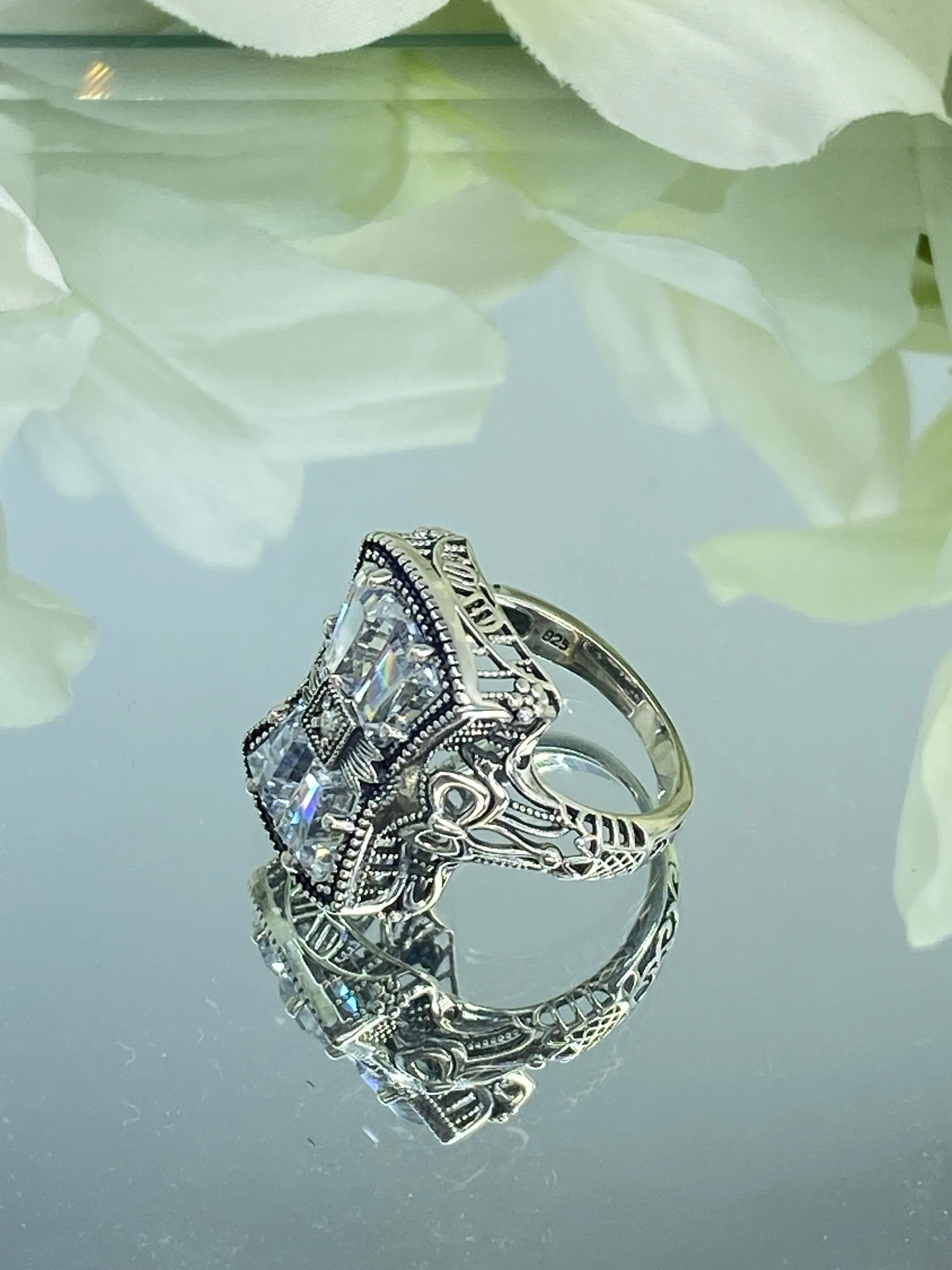 Sparkling White CZ Ring, Size 8, Versailles Sterling Silver Bow, Baguette CZ & Moissanite inset Ring, Baroque Jewelry D595 - Ready to Ship