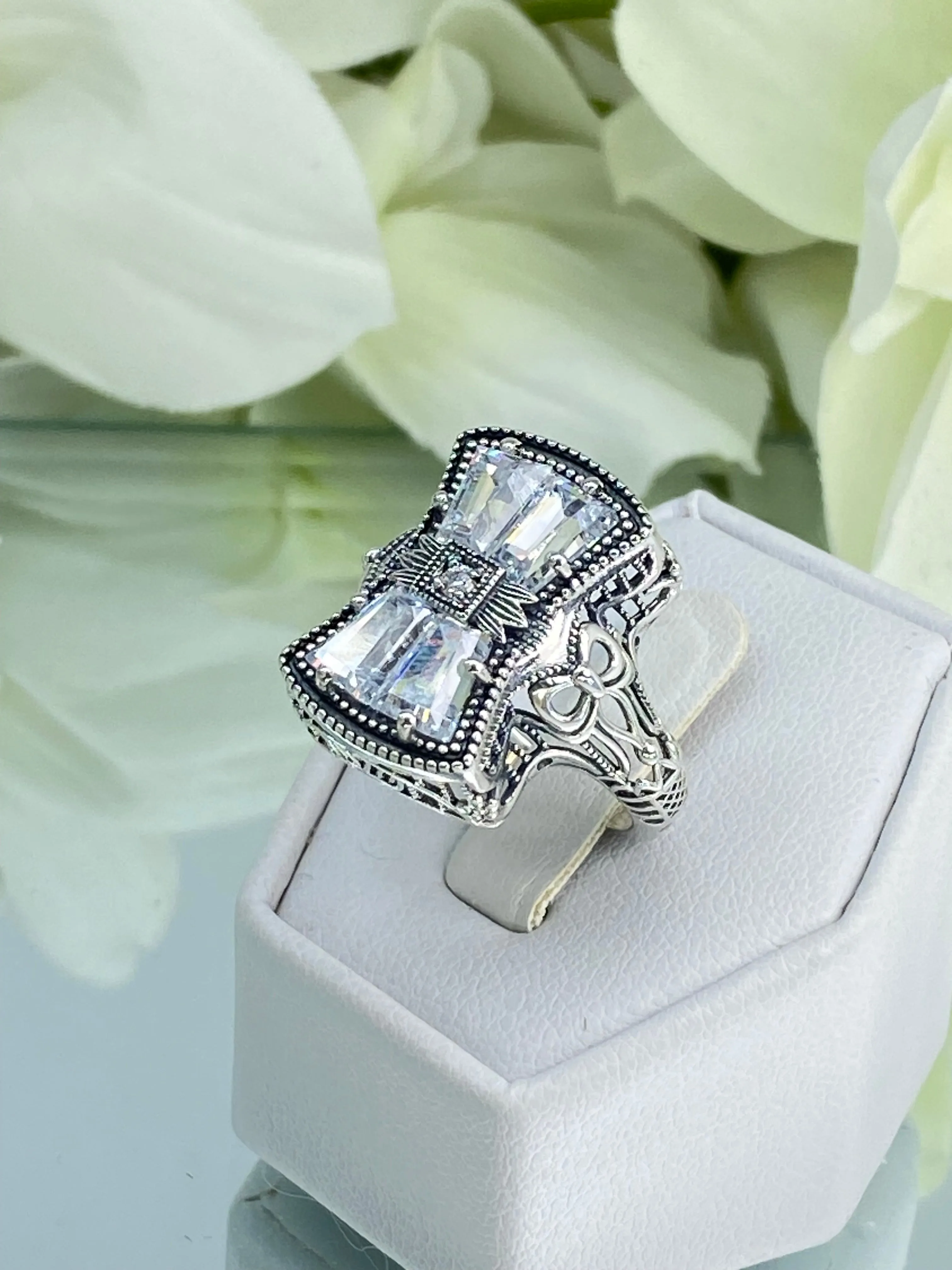 Sparkling White CZ Ring, Size 8, Versailles Sterling Silver Bow, Baguette CZ & Moissanite inset Ring, Baroque Jewelry D595 - Ready to Ship