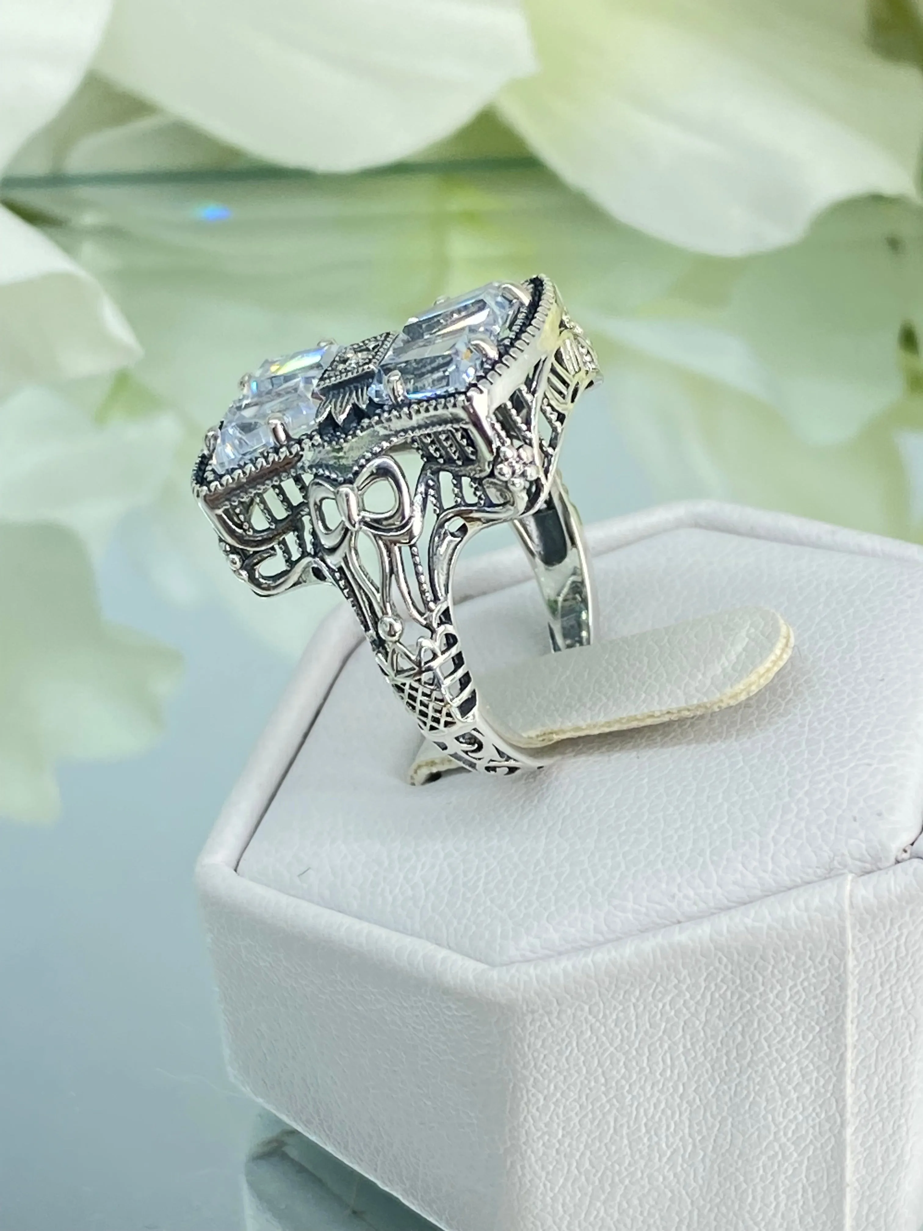 Sparkling White CZ Ring, Size 8, Versailles Sterling Silver Bow, Baguette CZ & Moissanite inset Ring, Baroque Jewelry D595 - Ready to Ship
