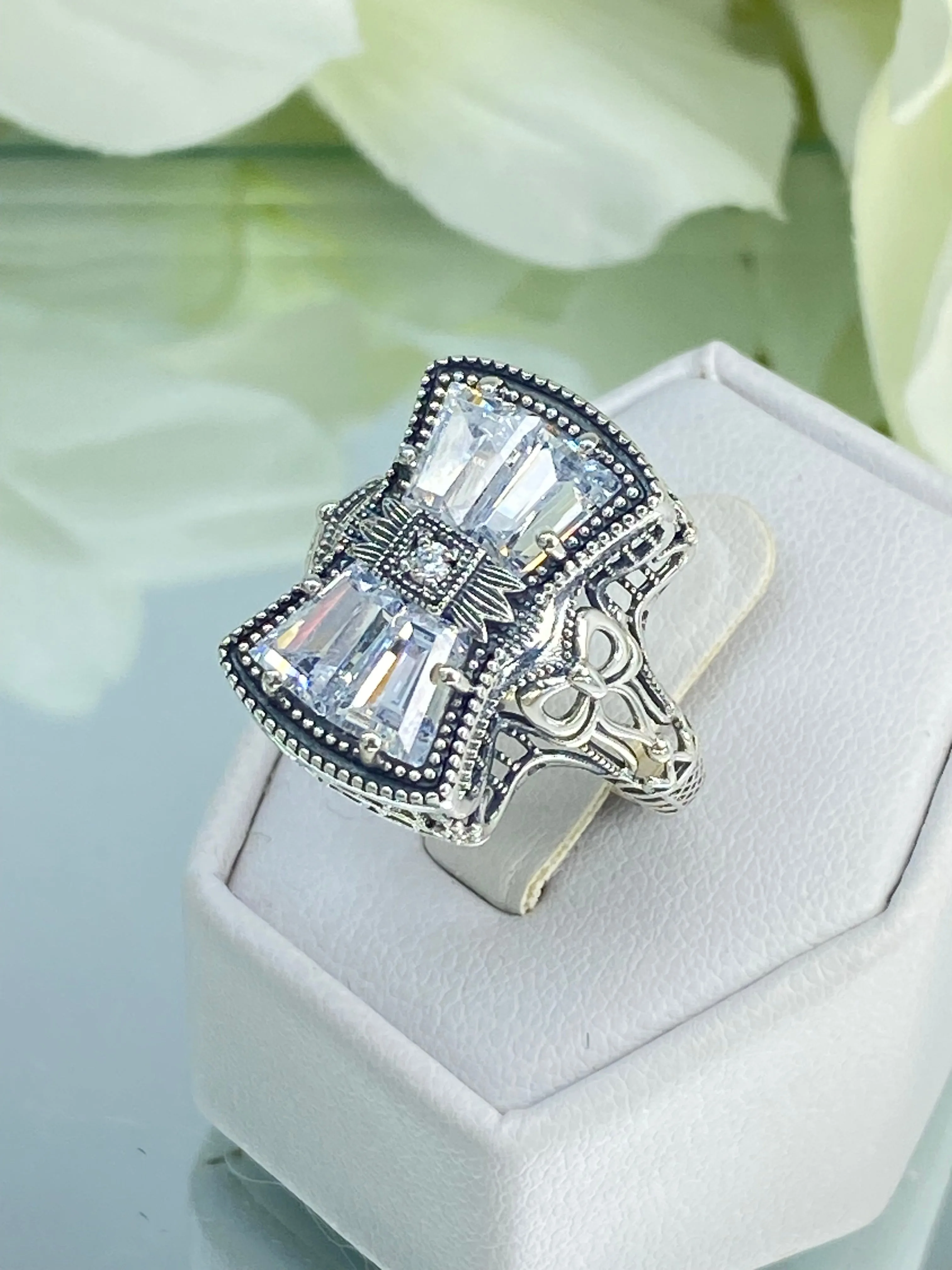 Sparkling White CZ Ring, Size 8, Versailles Sterling Silver Bow, Baguette CZ & Moissanite inset Ring, Baroque Jewelry D595 - Ready to Ship