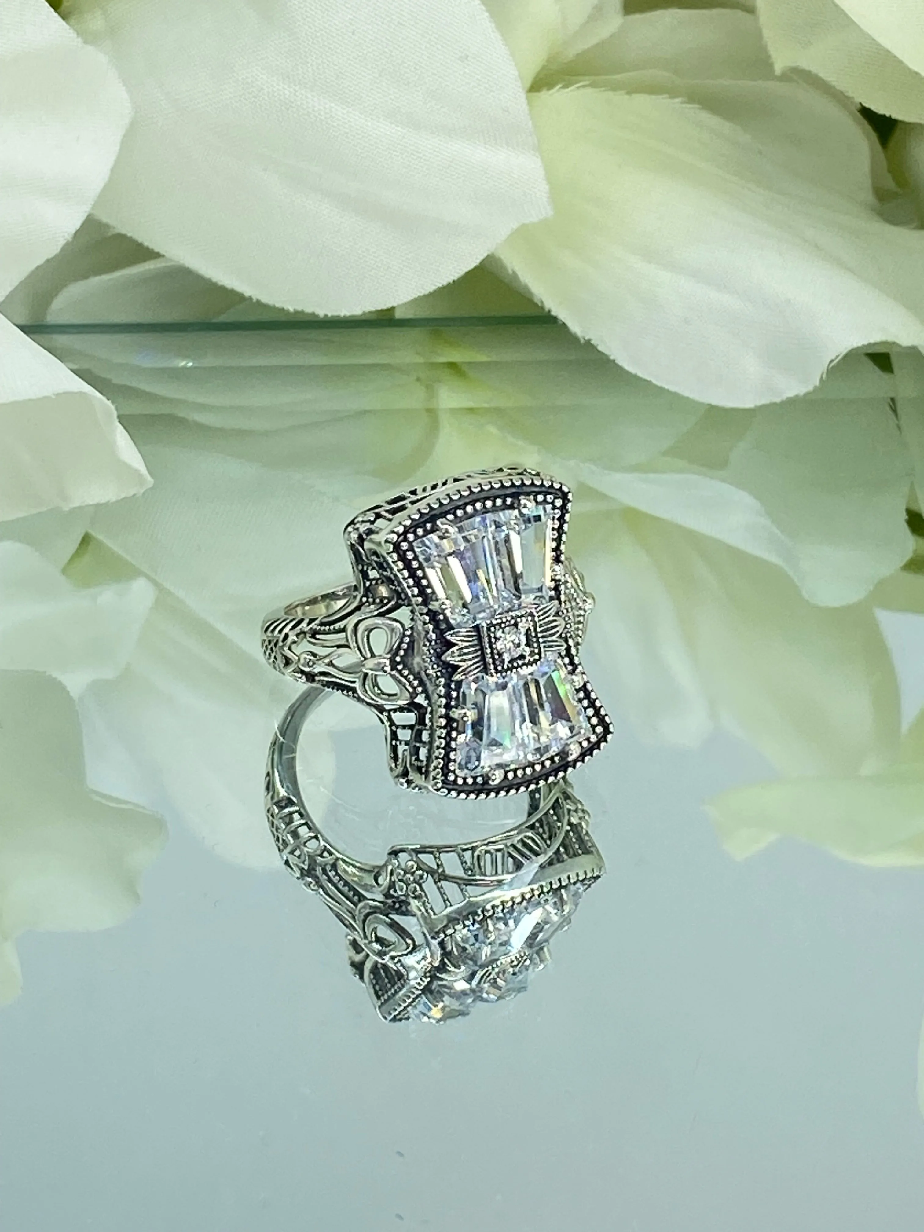 Sparkling White CZ Ring, Size 8, Versailles Sterling Silver Bow, Baguette CZ & Moissanite inset Ring, Baroque Jewelry D595 - Ready to Ship
