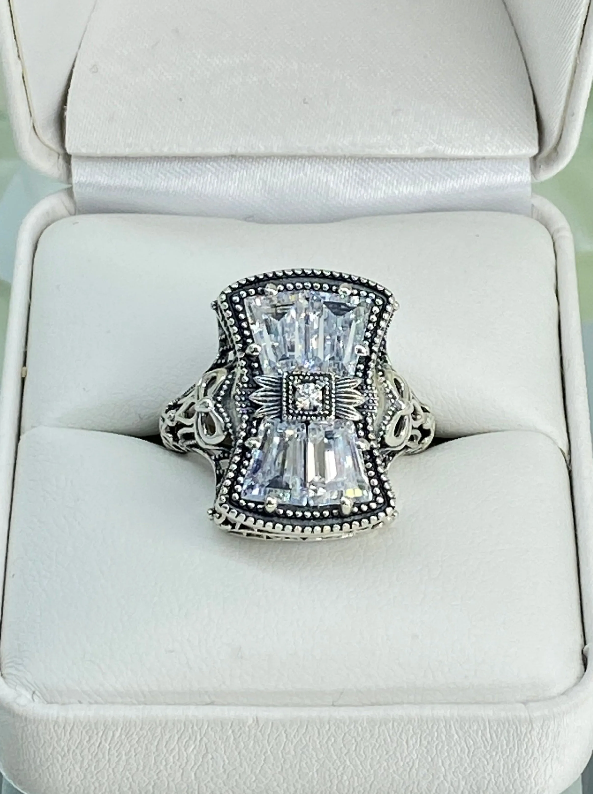 Sparkling White CZ Ring, Size 8, Versailles Sterling Silver Bow, Baguette CZ & Moissanite inset Ring, Baroque Jewelry D595 - Ready to Ship