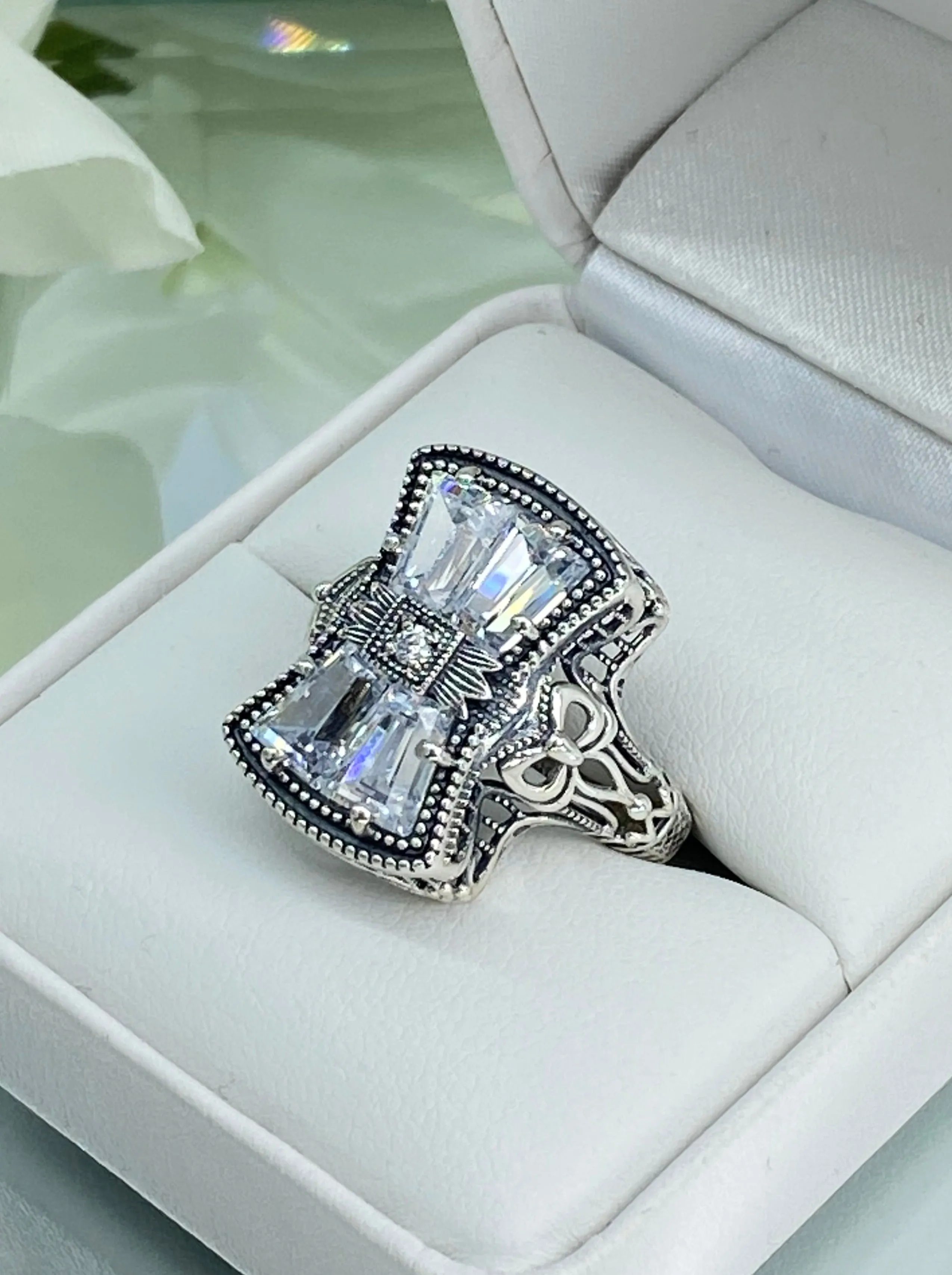 Sparkling White CZ Ring, Size 8, Versailles Sterling Silver Bow, Baguette CZ & Moissanite inset Ring, Baroque Jewelry D595 - Ready to Ship