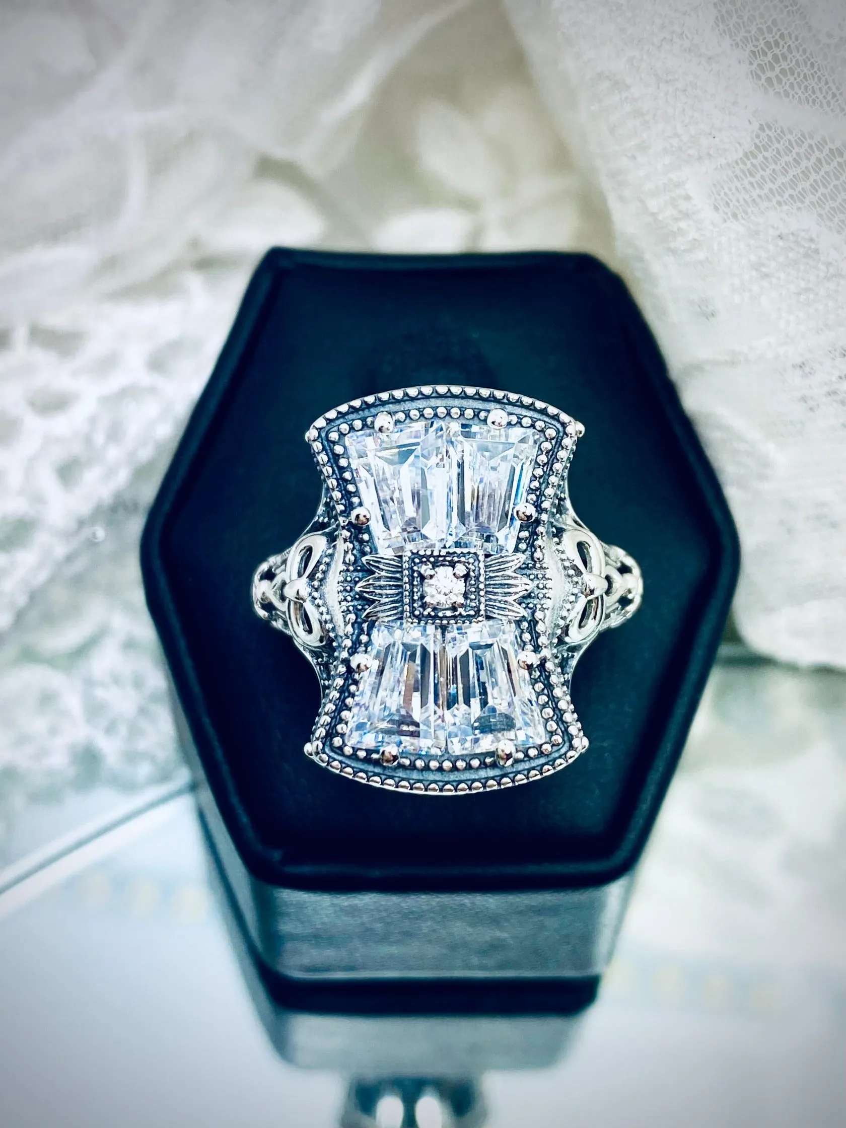 Sparkling White CZ Ring, Versailles Sterling Silver Bow & Baguette CZ Ring, Baroque Jewelry D595