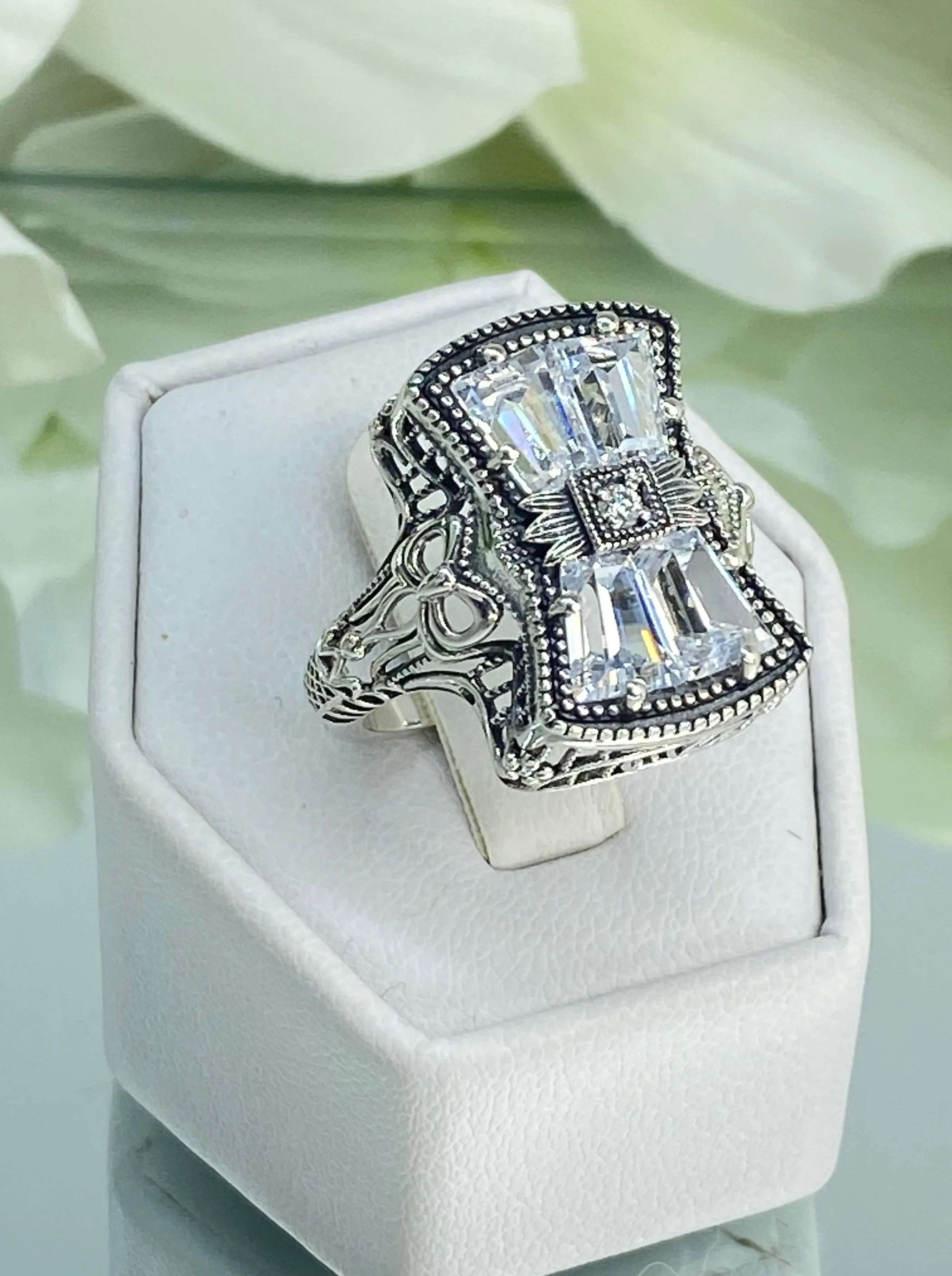 Sparkling White CZ Ring, Versailles Sterling Silver Bow & Baguette CZ Ring, Baroque Jewelry D595