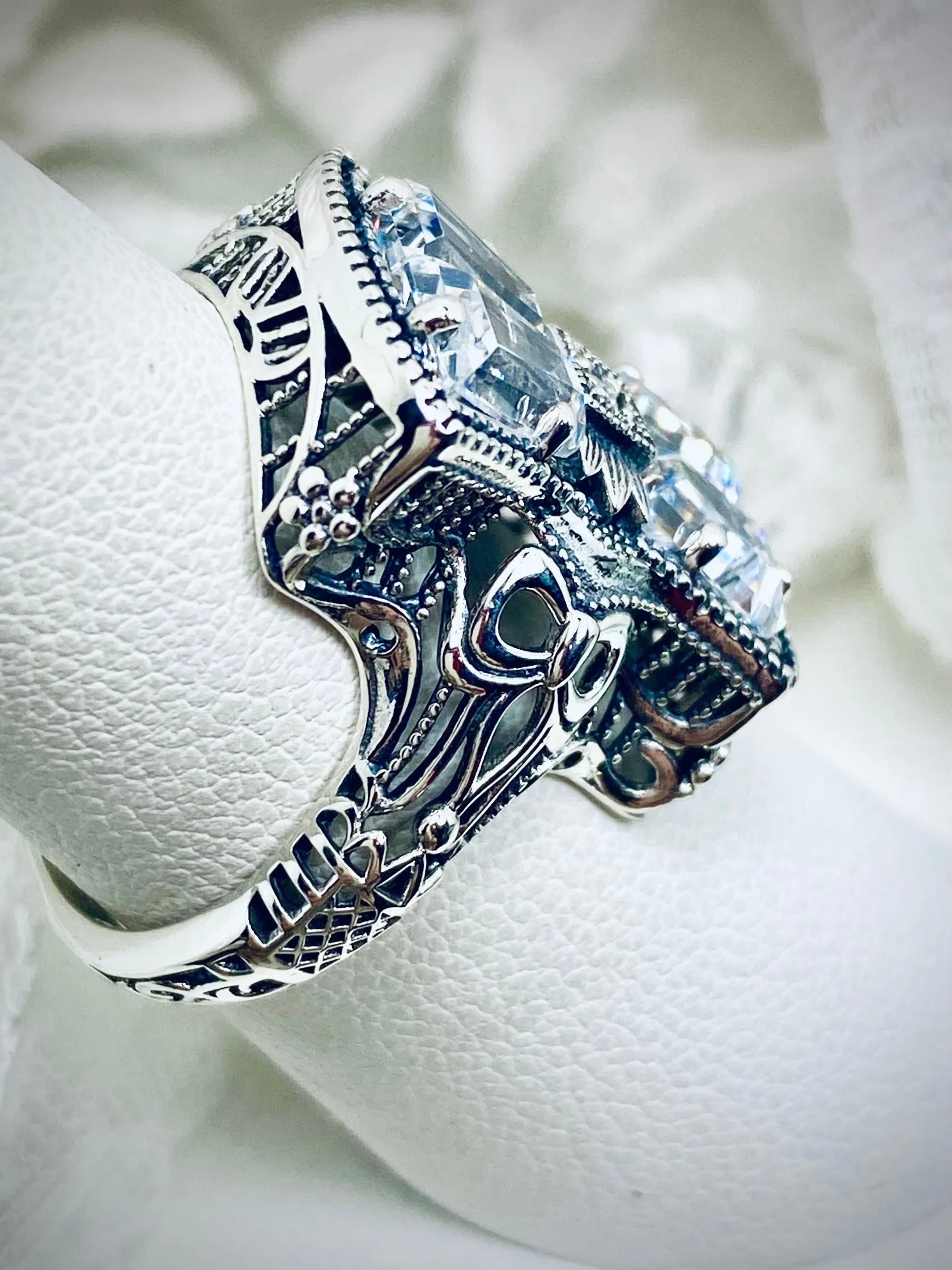 Sparkling White CZ Ring, Versailles Sterling Silver Bow & Baguette CZ Ring, Baroque Jewelry D595