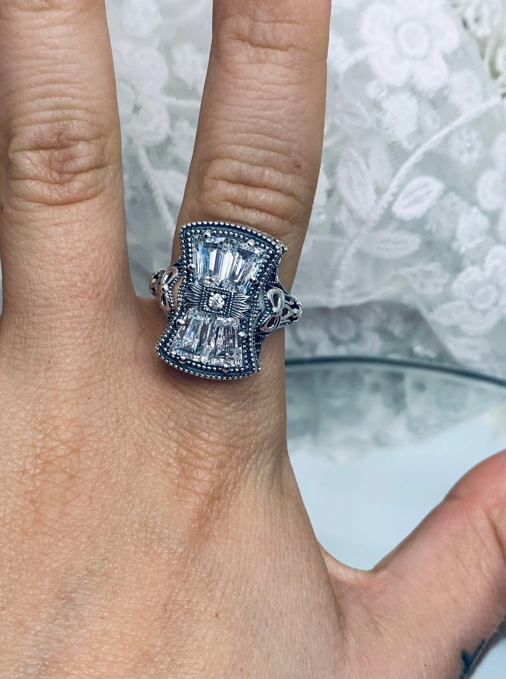 Sparkling White CZ Ring, Versailles Sterling Silver Bow & Baguette CZ Ring, Baroque Jewelry D595
