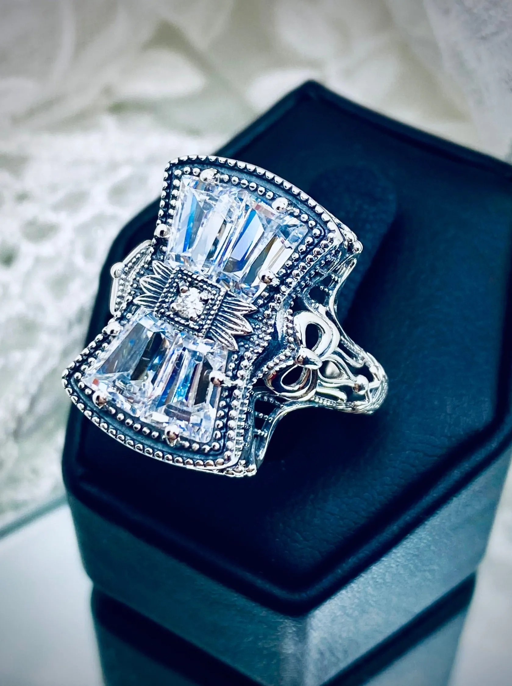 Sparkling White CZ Ring, Versailles Sterling Silver Bow & Baguette CZ Ring, Baroque Jewelry D595