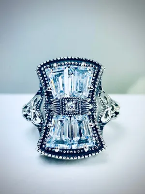 Sparkling White CZ Ring, Versailles Sterling Silver Bow & Baguette CZ Ring, Baroque Jewelry D595