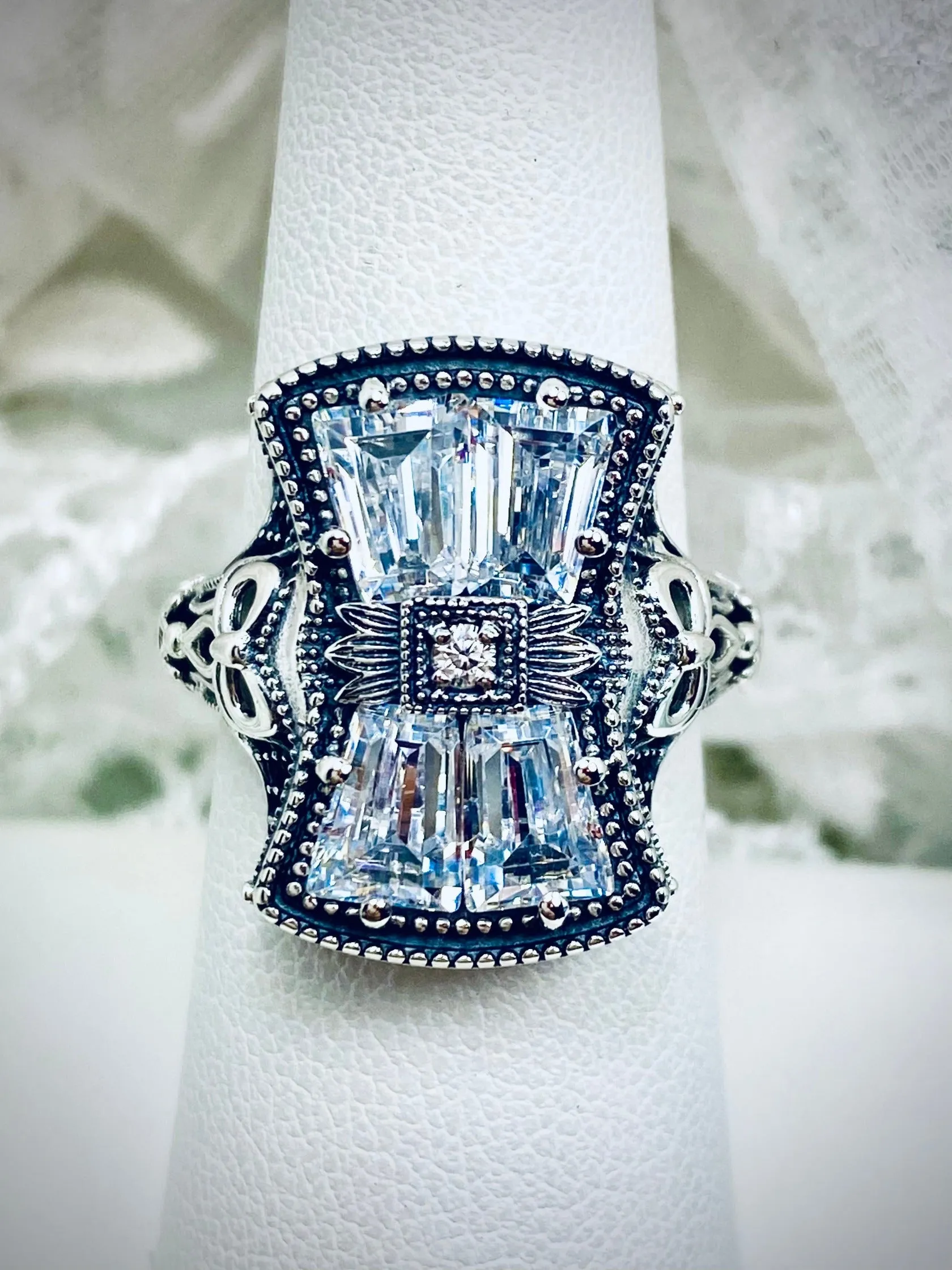 Sparkling White CZ Ring, Versailles Sterling Silver Bow & Baguette CZ Ring, Baroque Jewelry D595