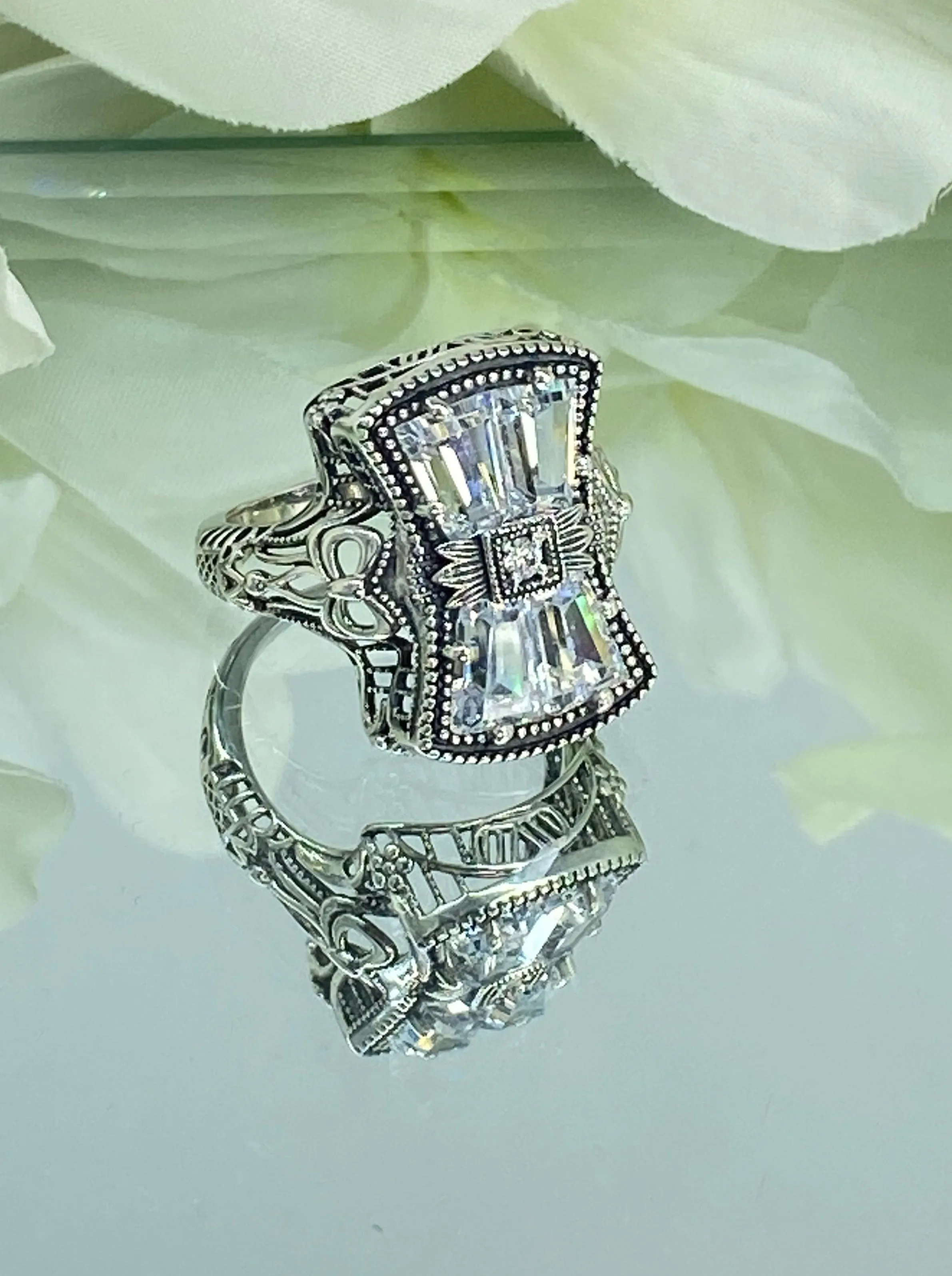 Sparkling White CZ Ring, Versailles Sterling Silver Bow & Baguette CZ Ring, Baroque Jewelry D595