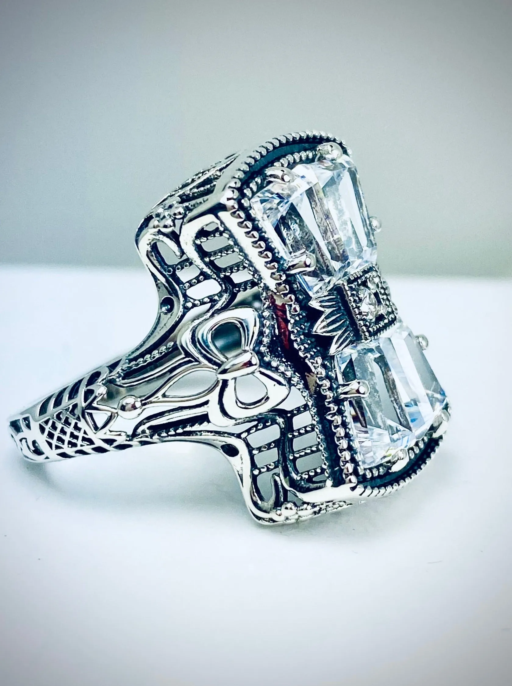 Sparkling White CZ Ring, Versailles Sterling Silver Bow & Baguette CZ Ring, Baroque Jewelry D595