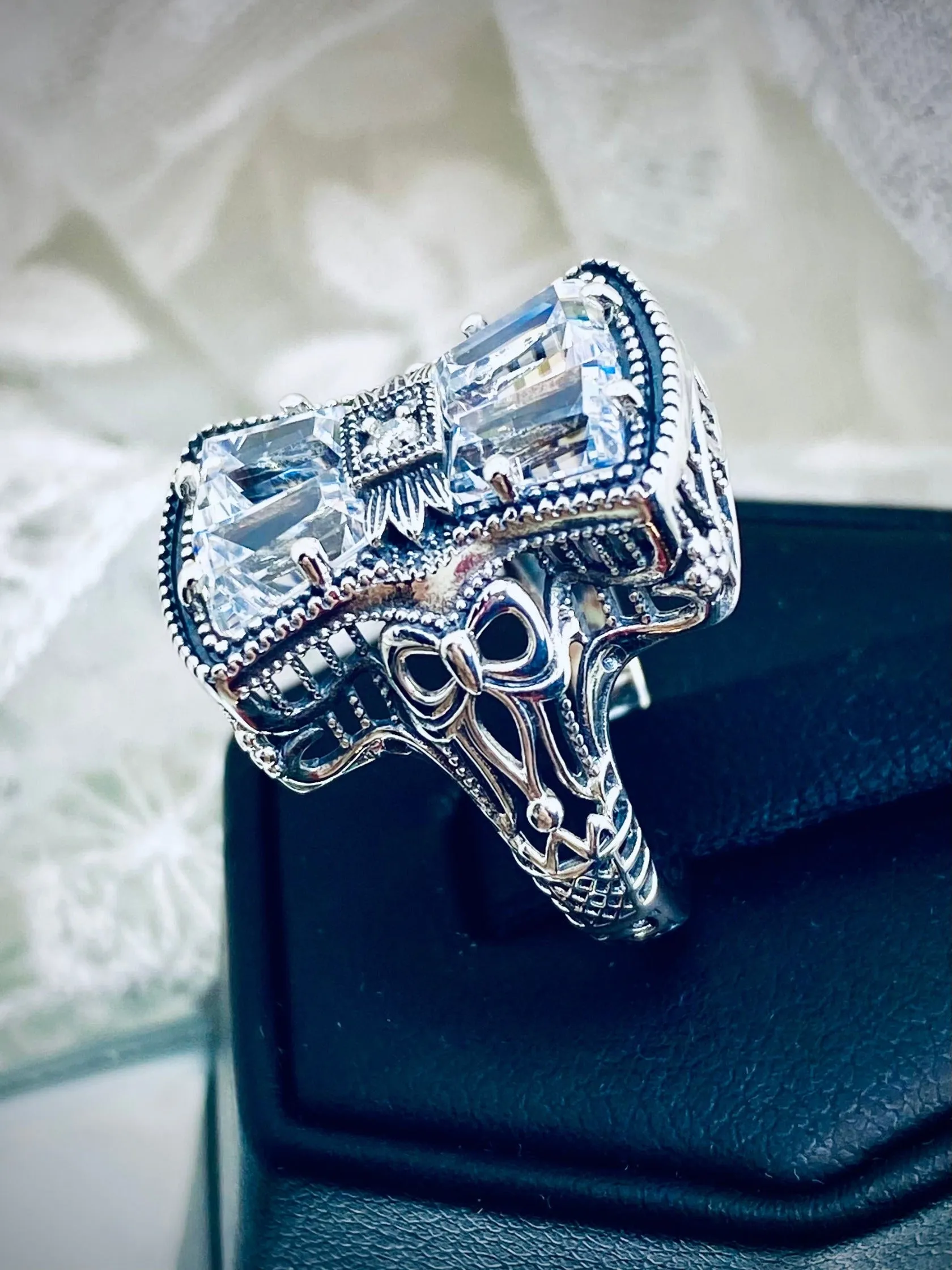 Sparkling White CZ Ring, Versailles Sterling Silver Bow & Baguette CZ Ring, Baroque Jewelry D595
